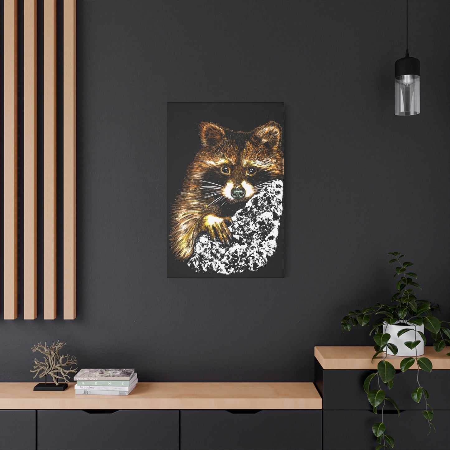 Raccoon in Tree Wall Art Canvas Print of the Original, hand drawn wall art of a Raccoon in a Tree