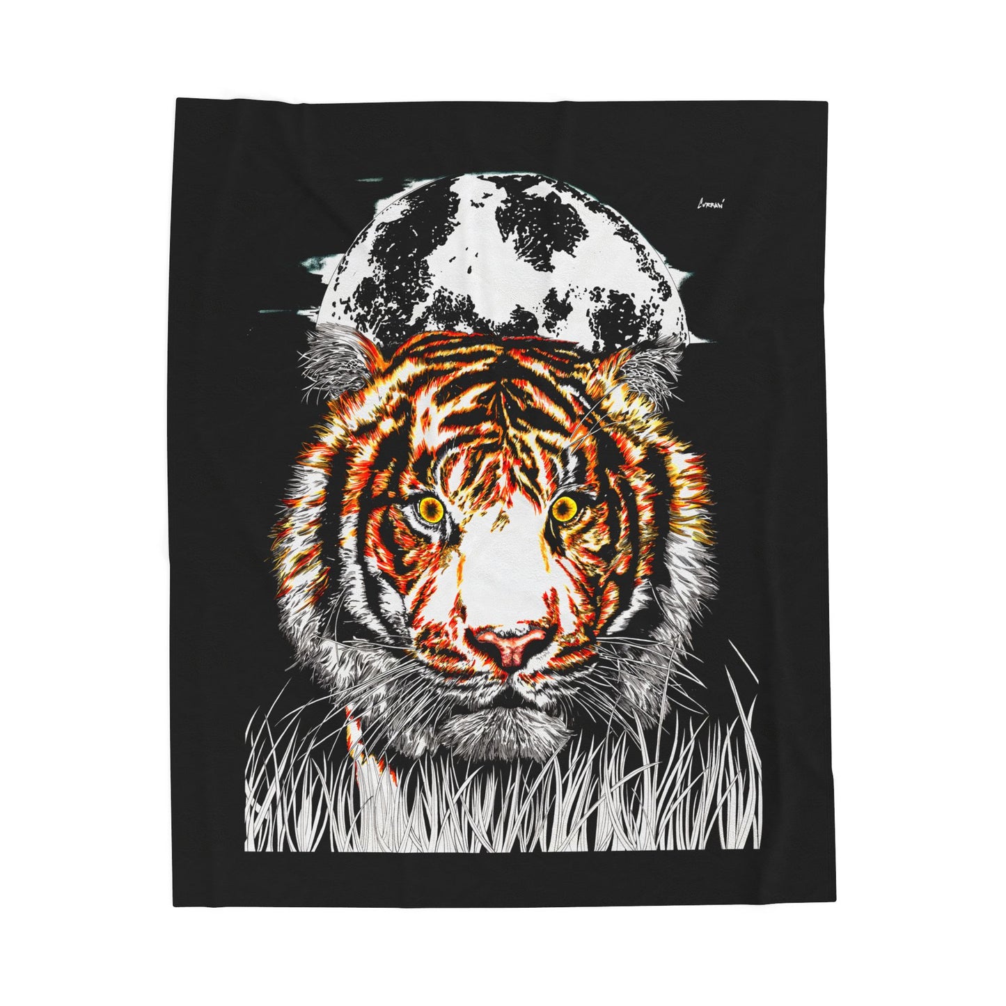 Majestic tiger design plush blanket with vibrant colors and moon backdrop, perfect for cozy home decor.
