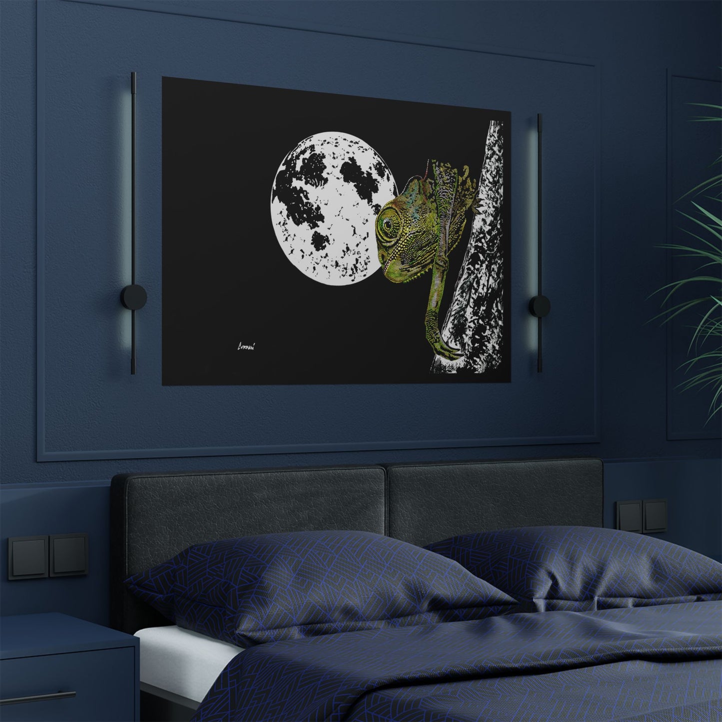 Moonlit Chameleon Satin Poster - 300gsm Art Print for Unique Home Decor