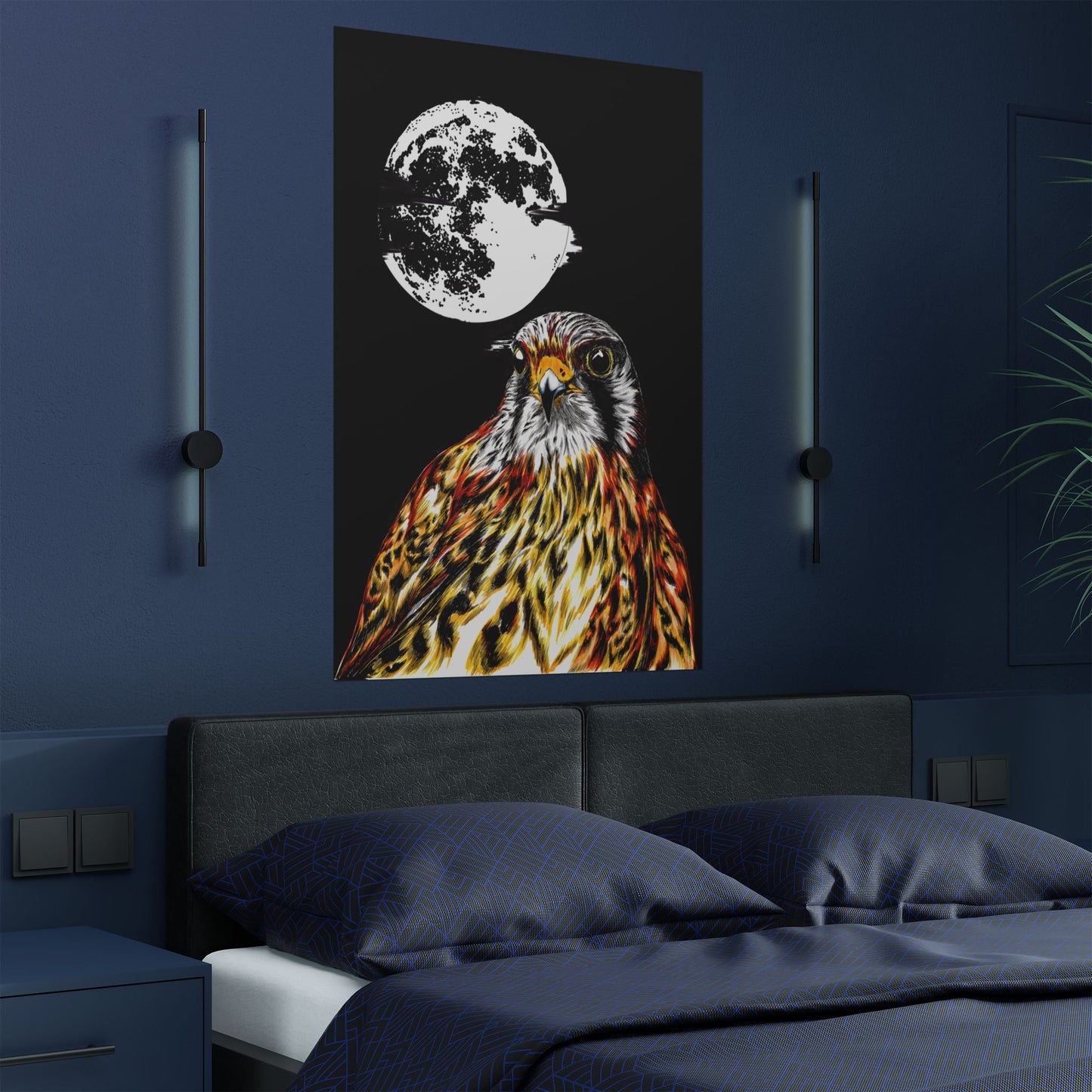 Wildlife Satin Poster - Majestic Falcon with Moon Design