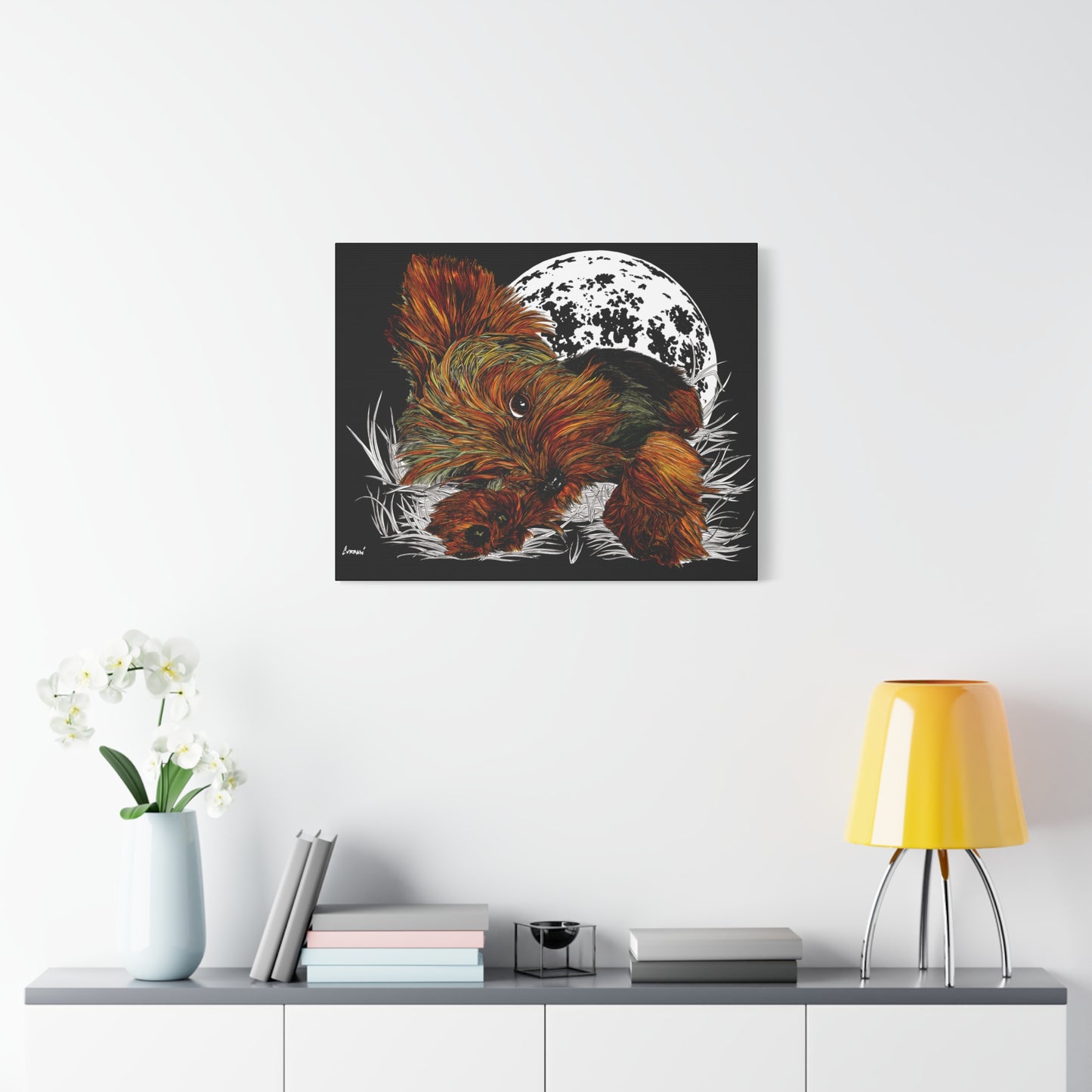 Yorkie Terrier Canvas Print - Cozy Yorkie with Moon Design