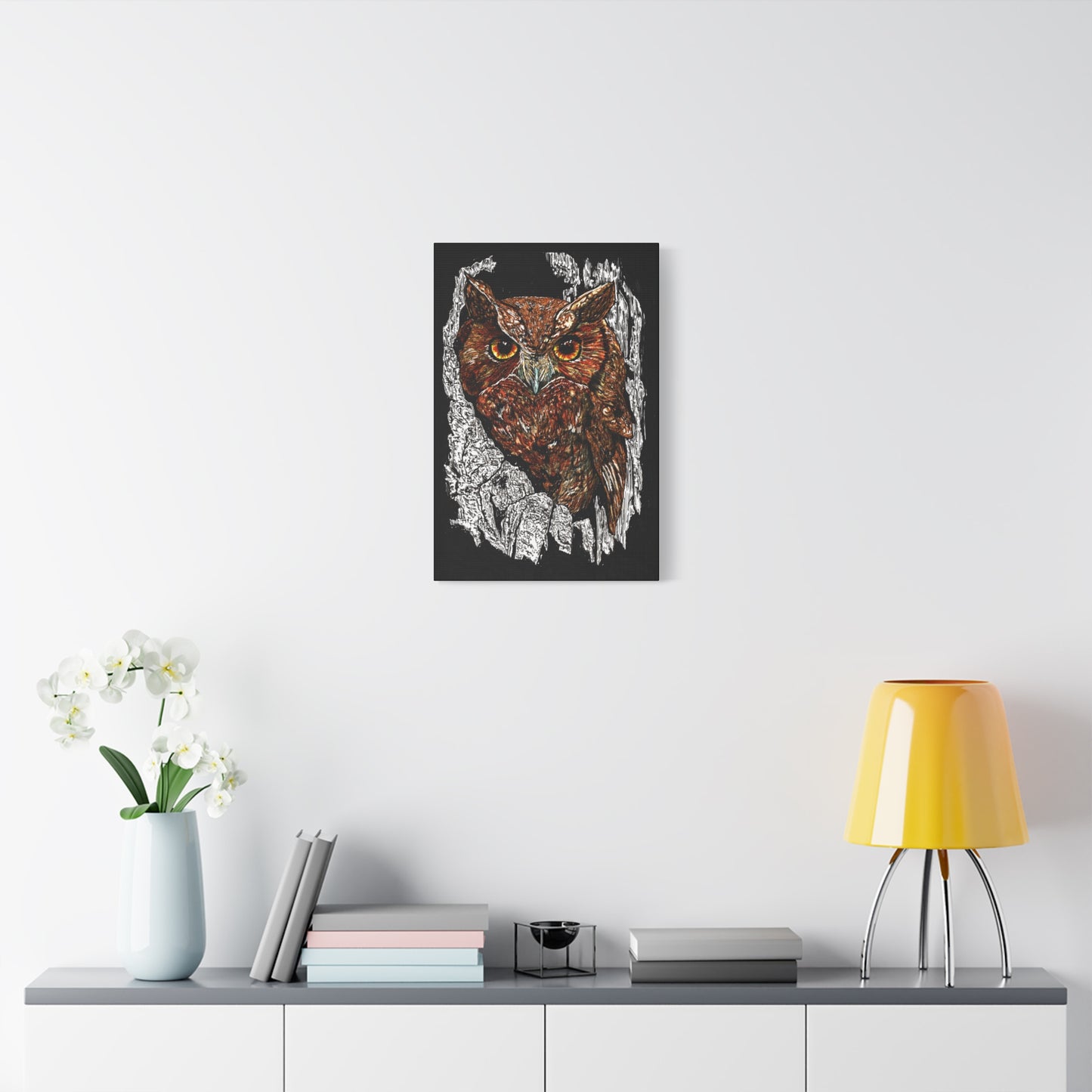 Owls in a Tree Wall Art Canvas Print of the Original, hand drawn wall art of an Owls in a Tree