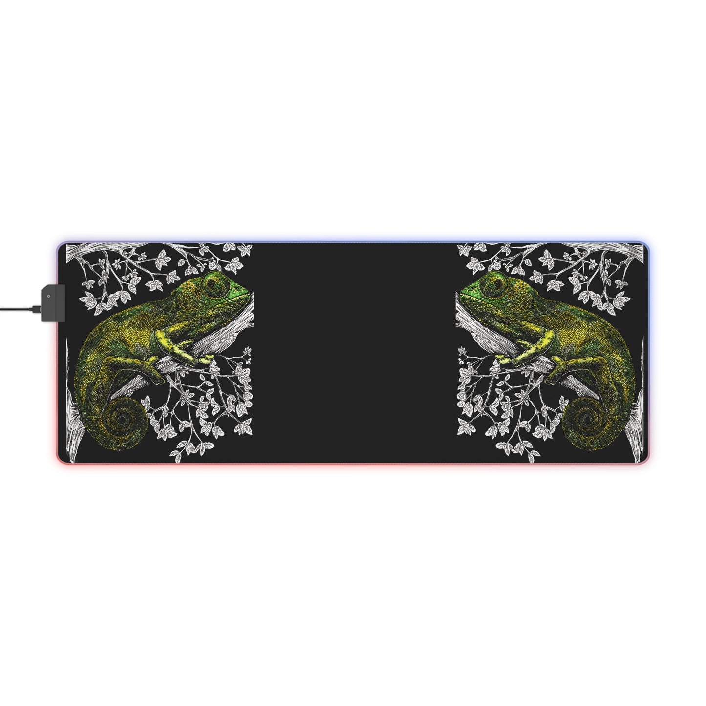 Chameleon LED gaming mouse pad with vibrant colors and dynamic RGB lighting, featuring intricate chameleon graphics.