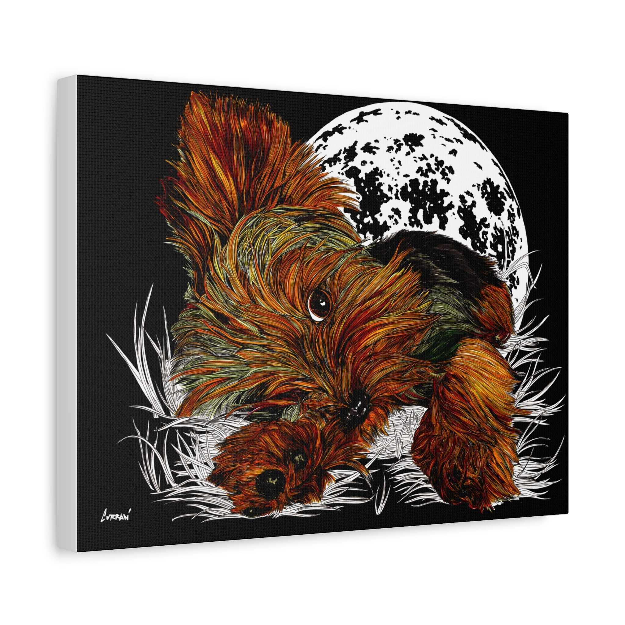 Bring a touch of charm to your walls with this adorable Yorkie Terrier Canvas Print - Cozy Yorkie with Moon Design. Perfect for dog lovers!