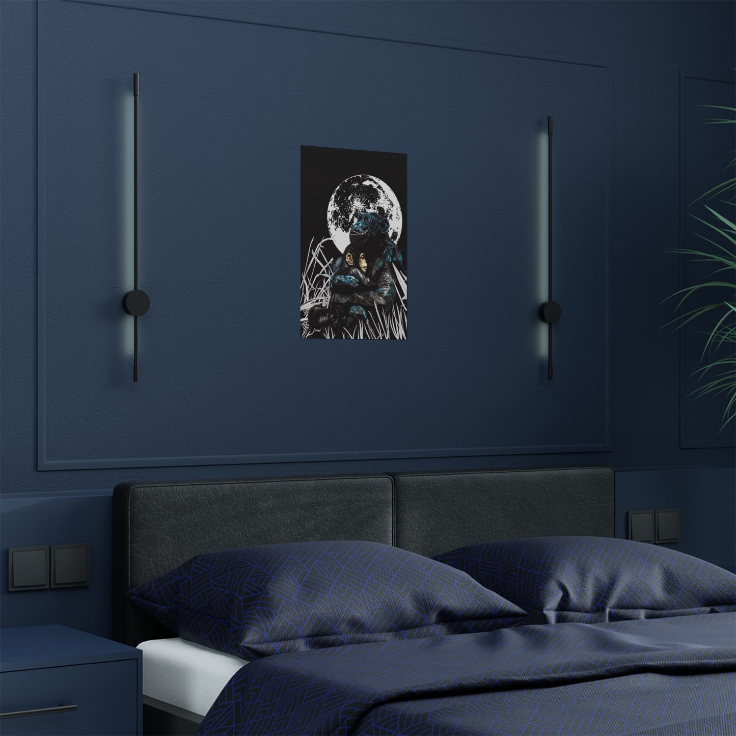 Satin Poster - Moonlit Chimpanzee Embrace Art Print