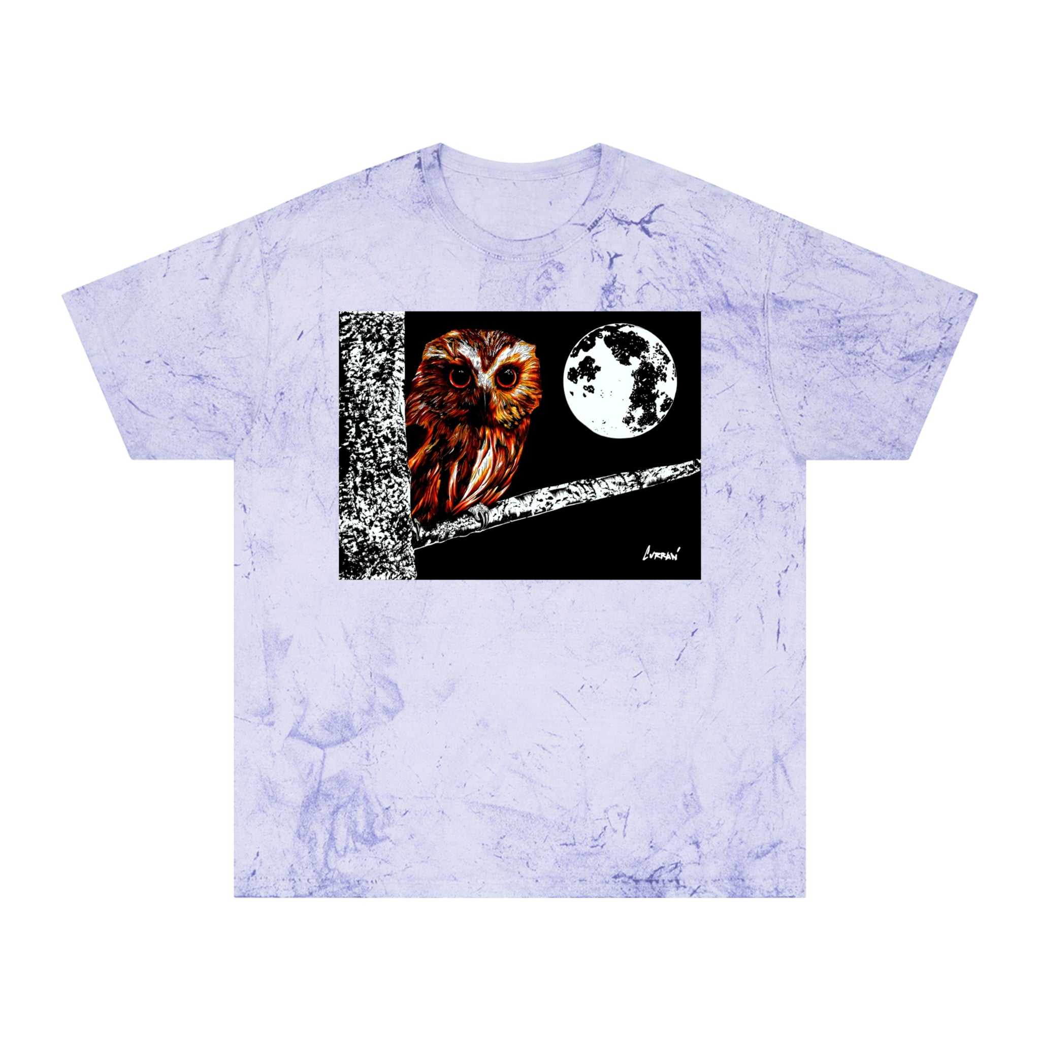 Owl on a Branch Color Blast T Shirt Original Hand Drawn Art