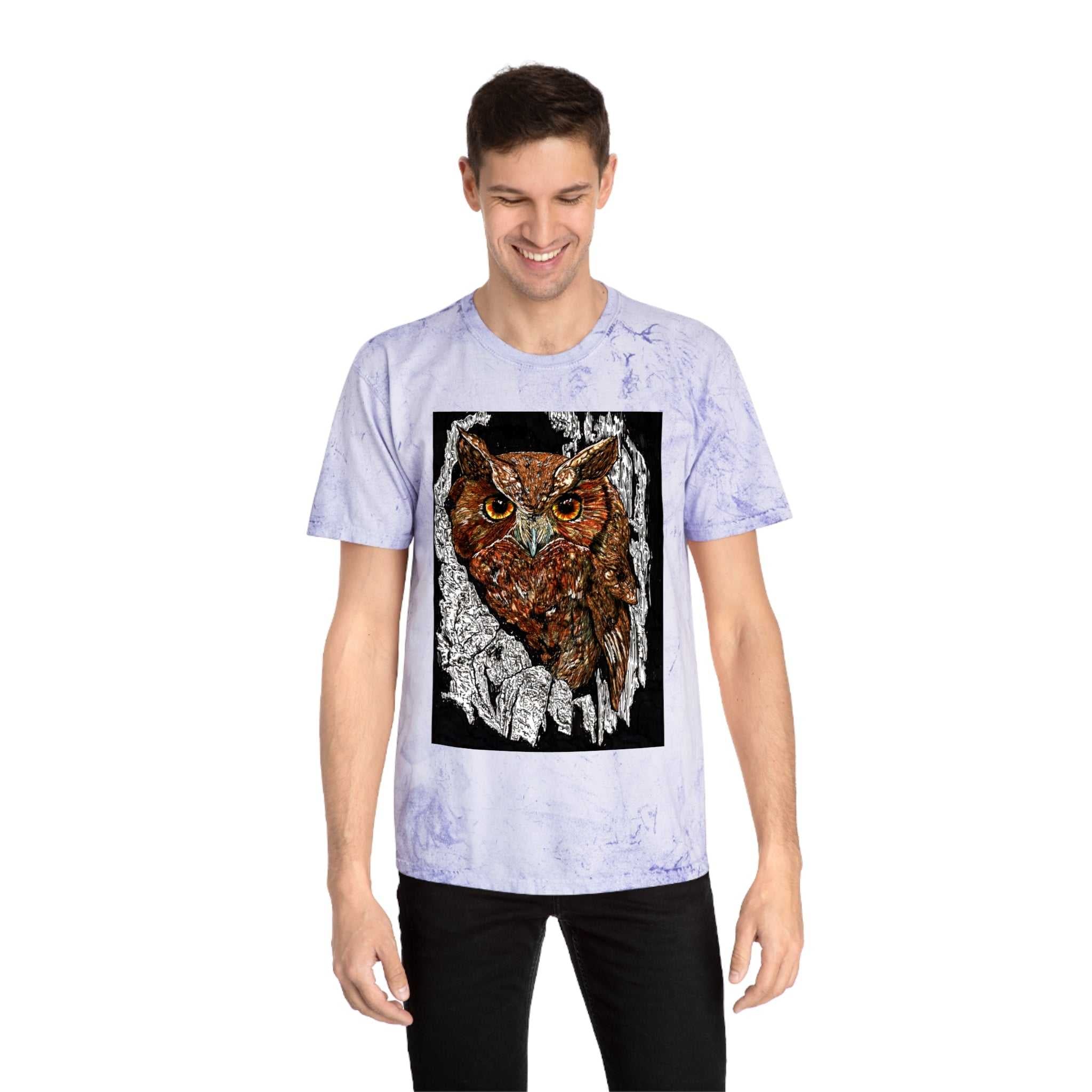 Owl in a Tree Color Blast T Shirt Original Hand Drawn Art