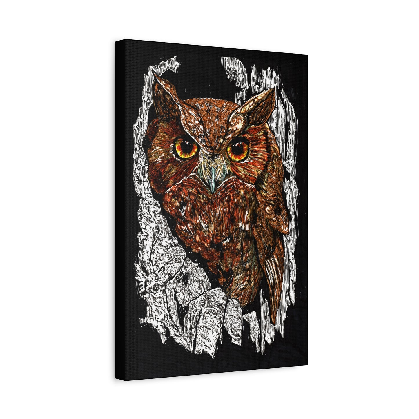 Owls in a Tree Wall Art Canvas Print of the Original, hand drawn wall art of an Owls in a Tree