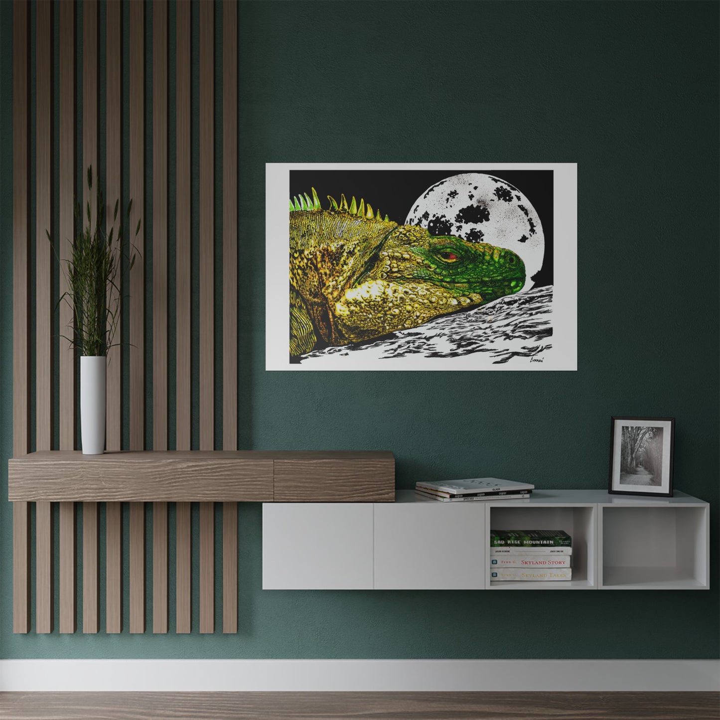 Vibrant Iguana Satin Poster - Moonlit Art Print for Nature Lovers