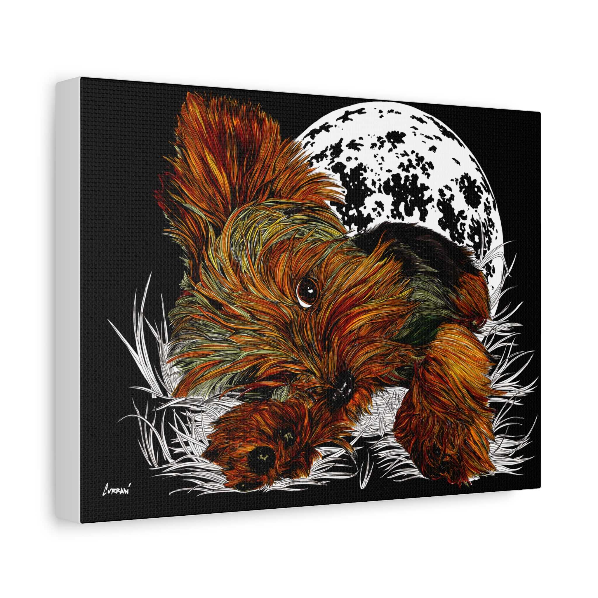 Bring a touch of charm to your walls with this adorable Yorkie Terrier Canvas Print - Cozy Yorkie with Moon Design. Perfect for dog lovers!