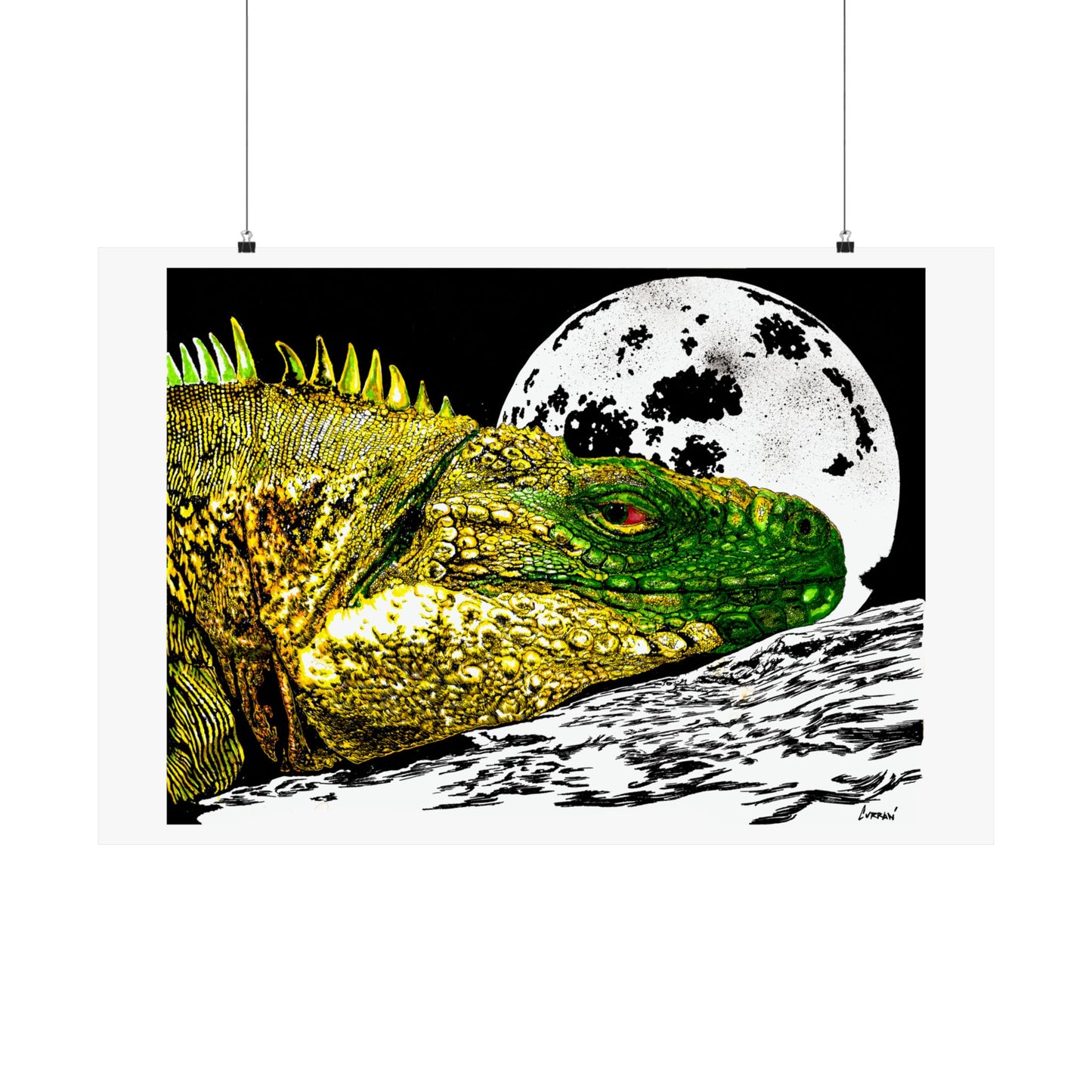 Vibrant Iguana Satin Poster - Moonlit Art Print for Nature Lovers