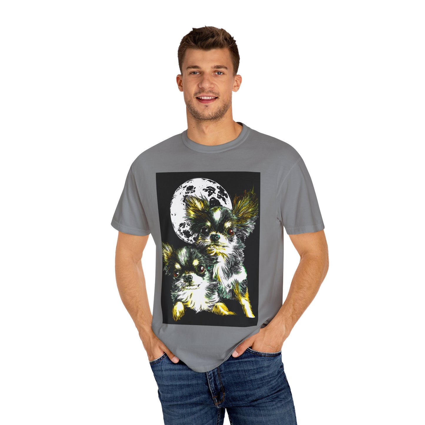 Cute Chihuahua Moon Night Unisex Garment-Dyed T-Shirt