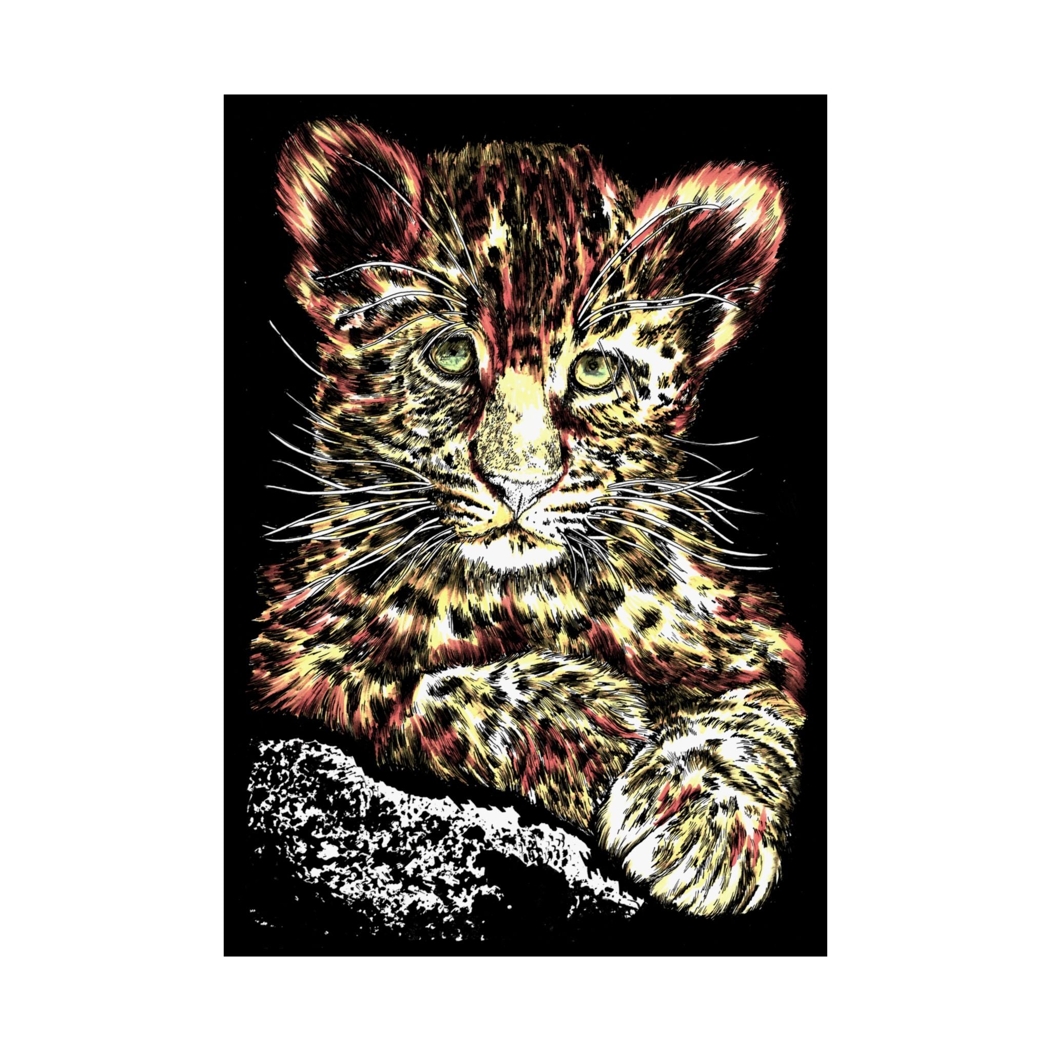 Leopard Cub Satin Poster, Vibrant Art for Animal Lovers