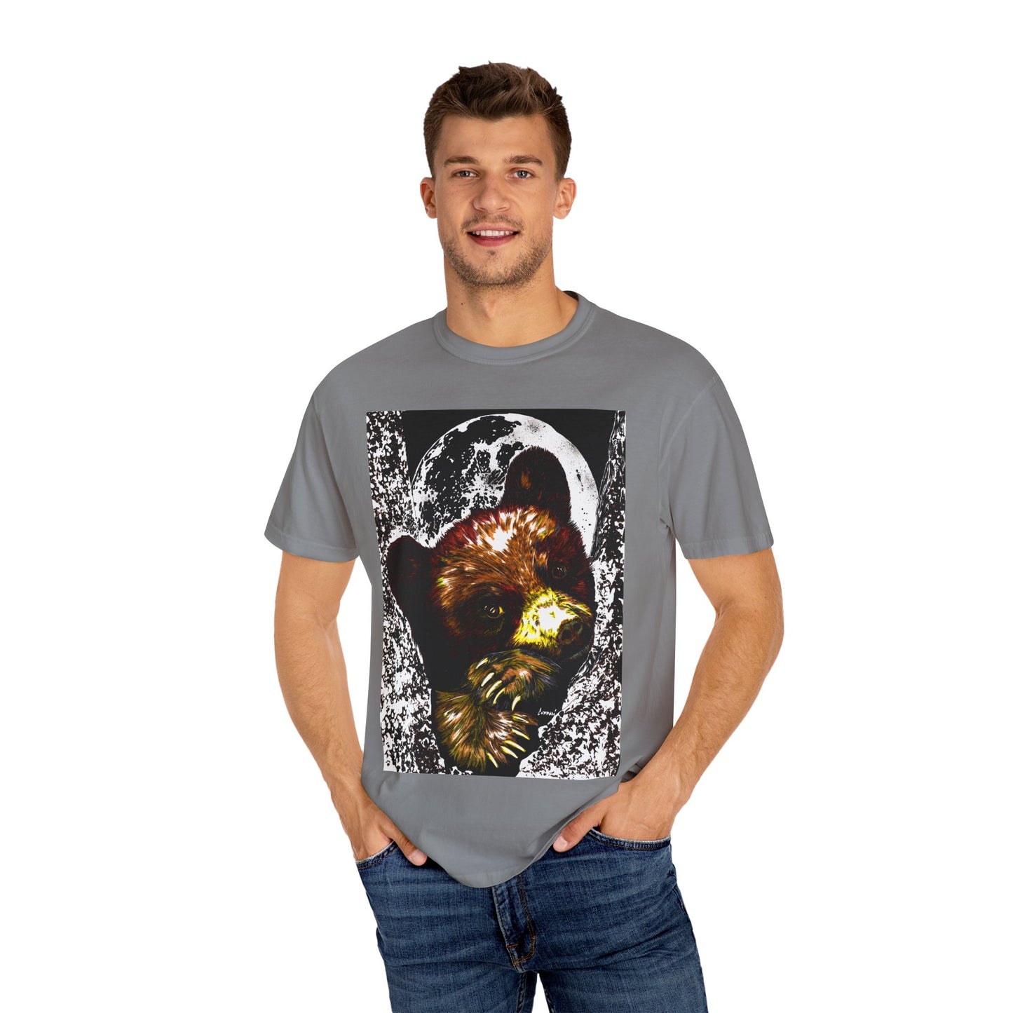 Moonlit Brown Bear Cub Unisex Garment-Dyed T-Shirt | Nature-Inspired Apparel