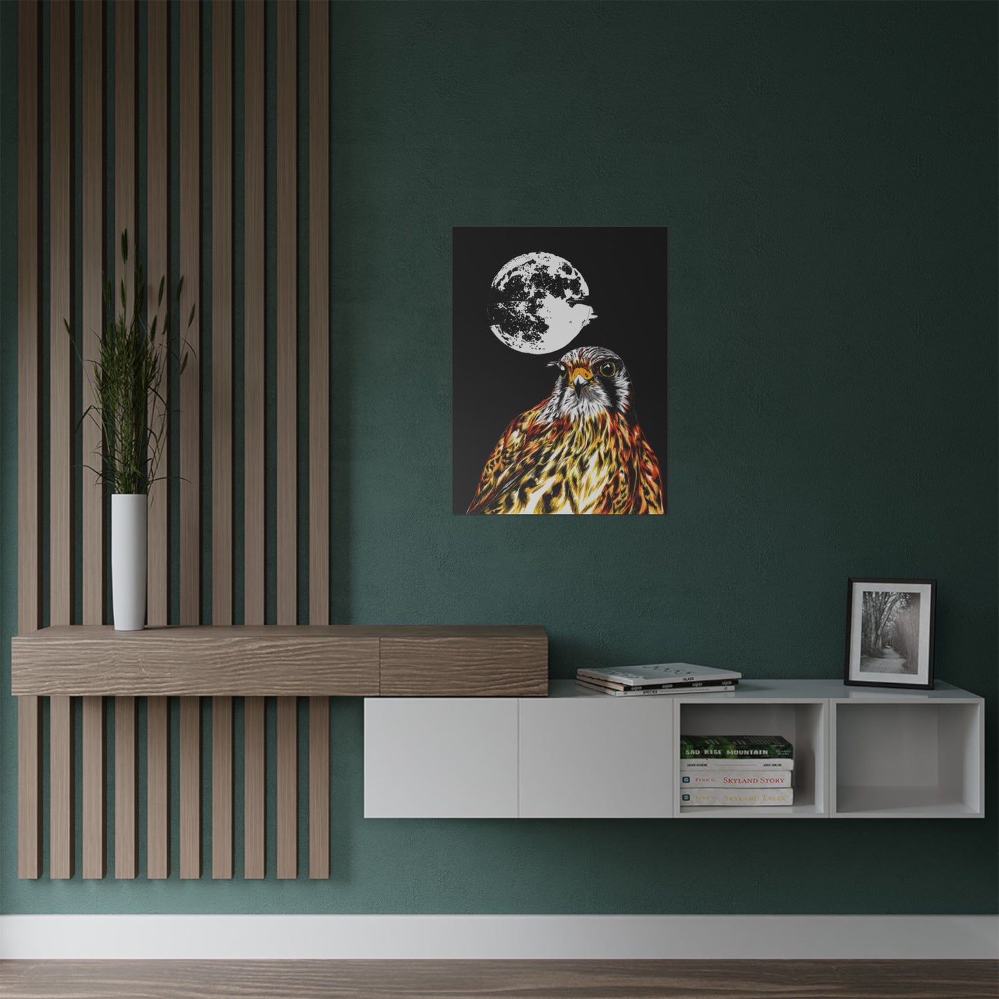 Wildlife Satin Poster - Majestic Falcon with Moon Design