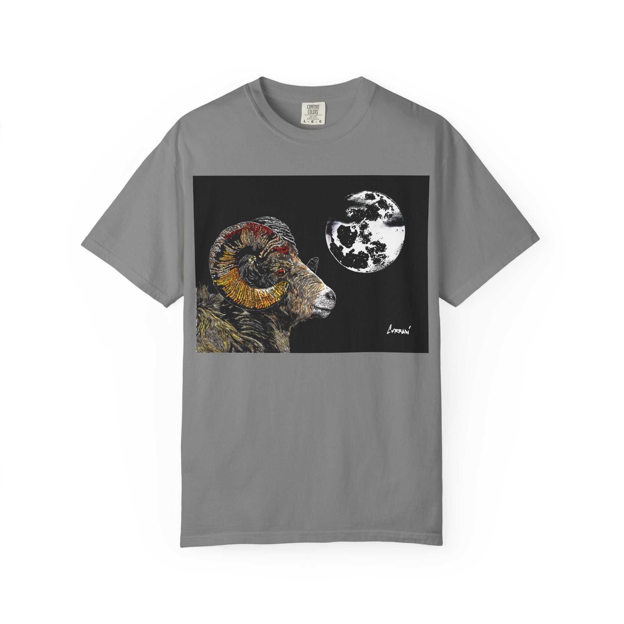 Elevate your style with our Mountain Ram and Moon Graphic Unisex T-Shirt, Nature-Inspired Artwear. Stand out with this unique piece now!