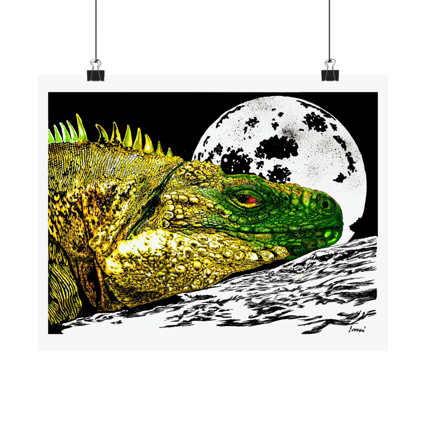 Vibrant Iguana Satin Poster - Moonlit Art Print for Nature Lovers