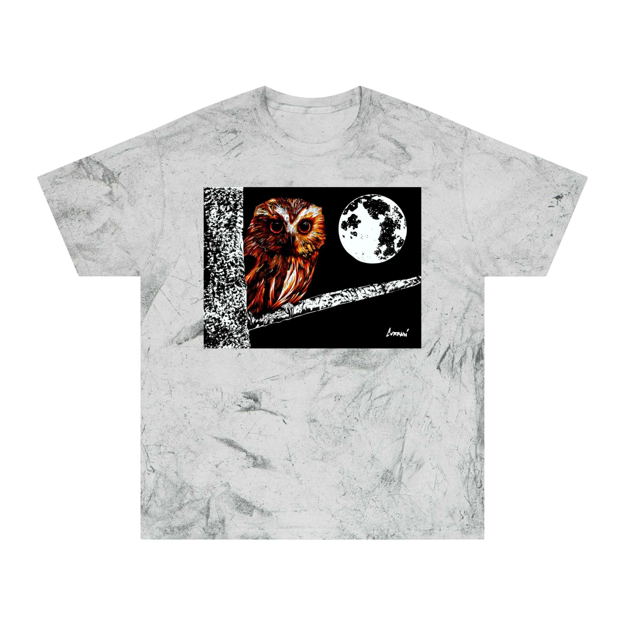 Owl on a Branch Color Blast T Shirt Original Hand Drawn Art