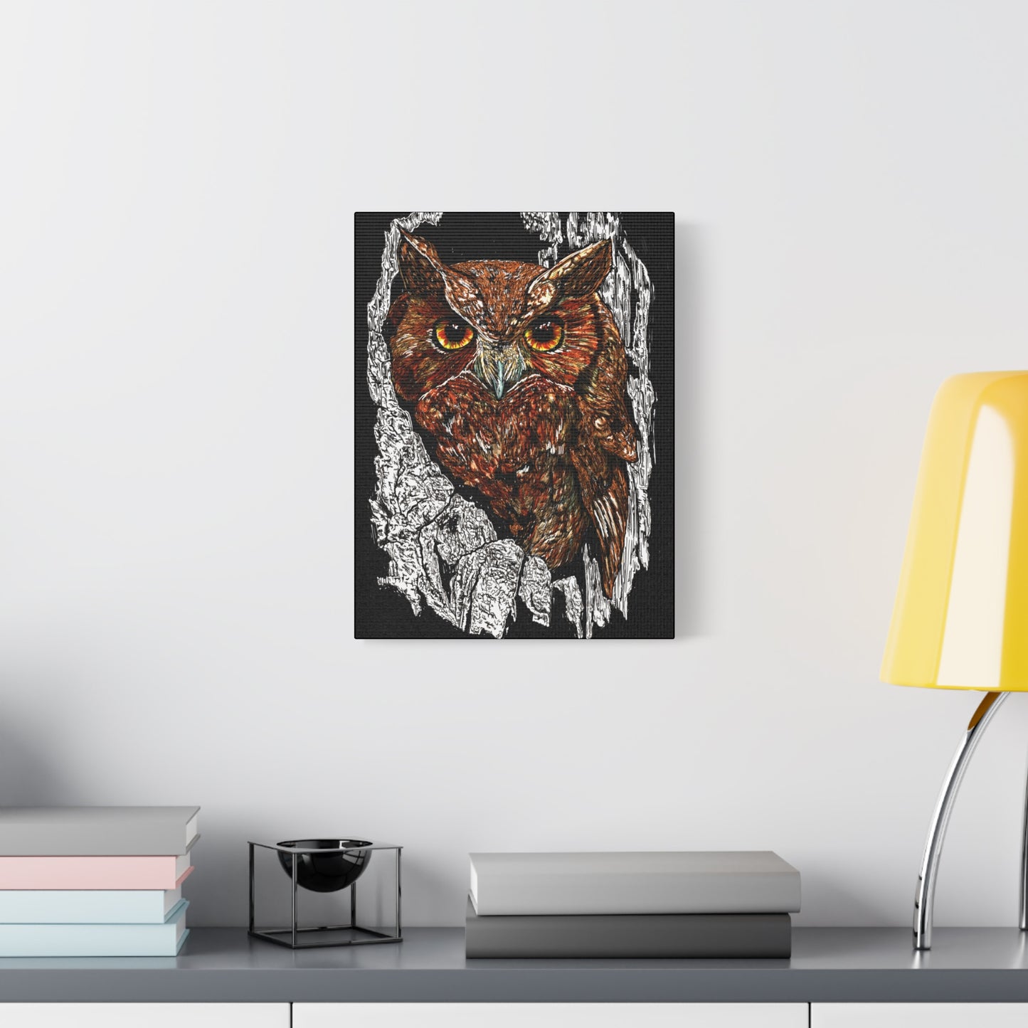 Owls in a Tree Wall Art Canvas Print of the Original, hand drawn wall art of an Owls in a Tree