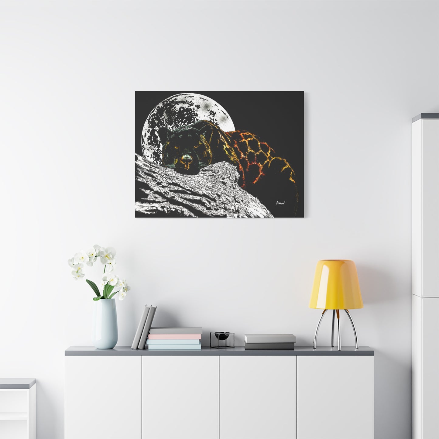 Panther in the Moonlight Print of my Original hand drawn art printed on stretched canvas of a Panther in the Moonlight