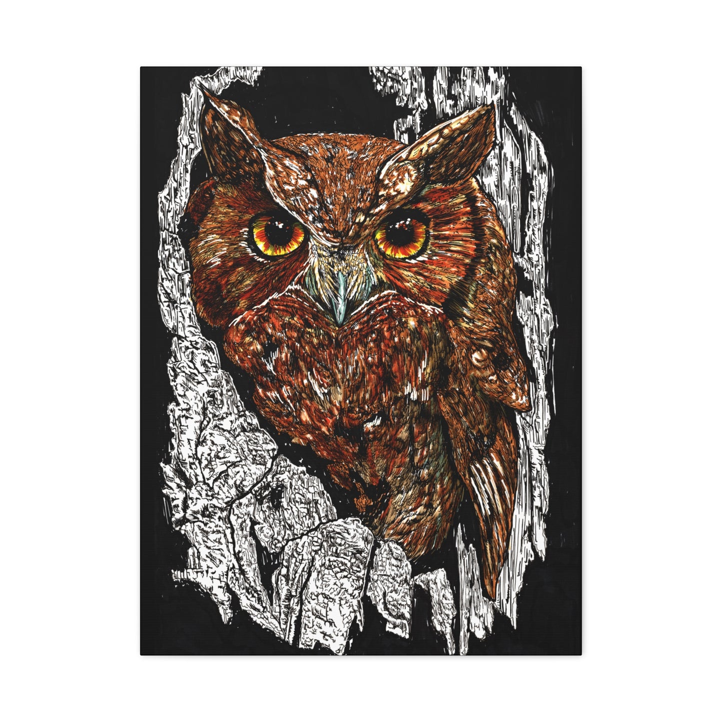 Owls in a Tree Wall Art Canvas Print of the Original, hand drawn wall art of an Owls in a Tree