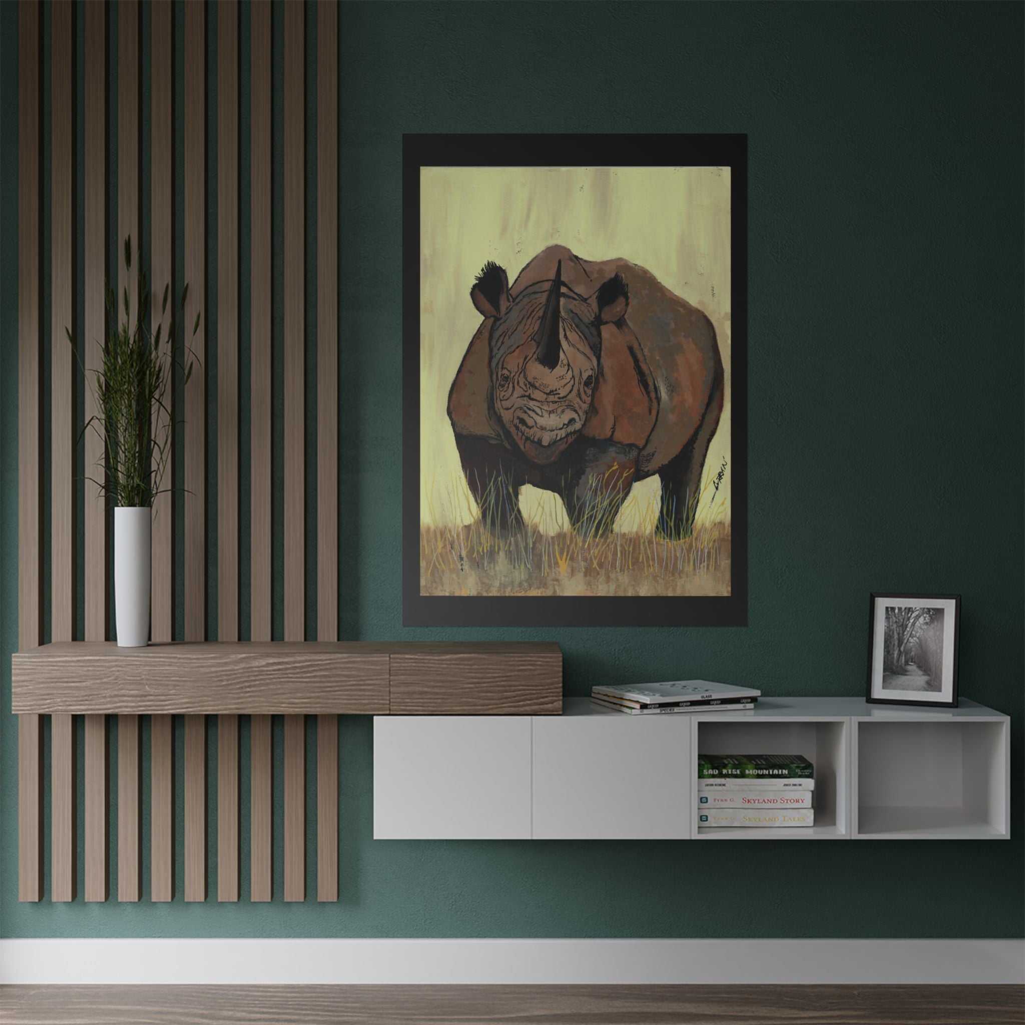Discover the beauty of Rhino Wildlife Satin Poster - Majestic Rhino Art - Nature Decor - Majestic Rhino Art. Bring the wild into your home today!