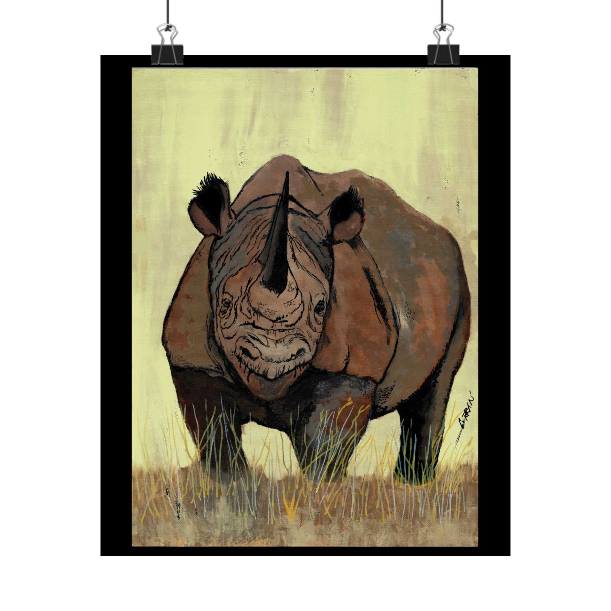 Discover the beauty of Rhino Wildlife Satin Poster - Majestic Rhino Art - Nature Decor - Majestic Rhino Art. Bring the wild into your home today!