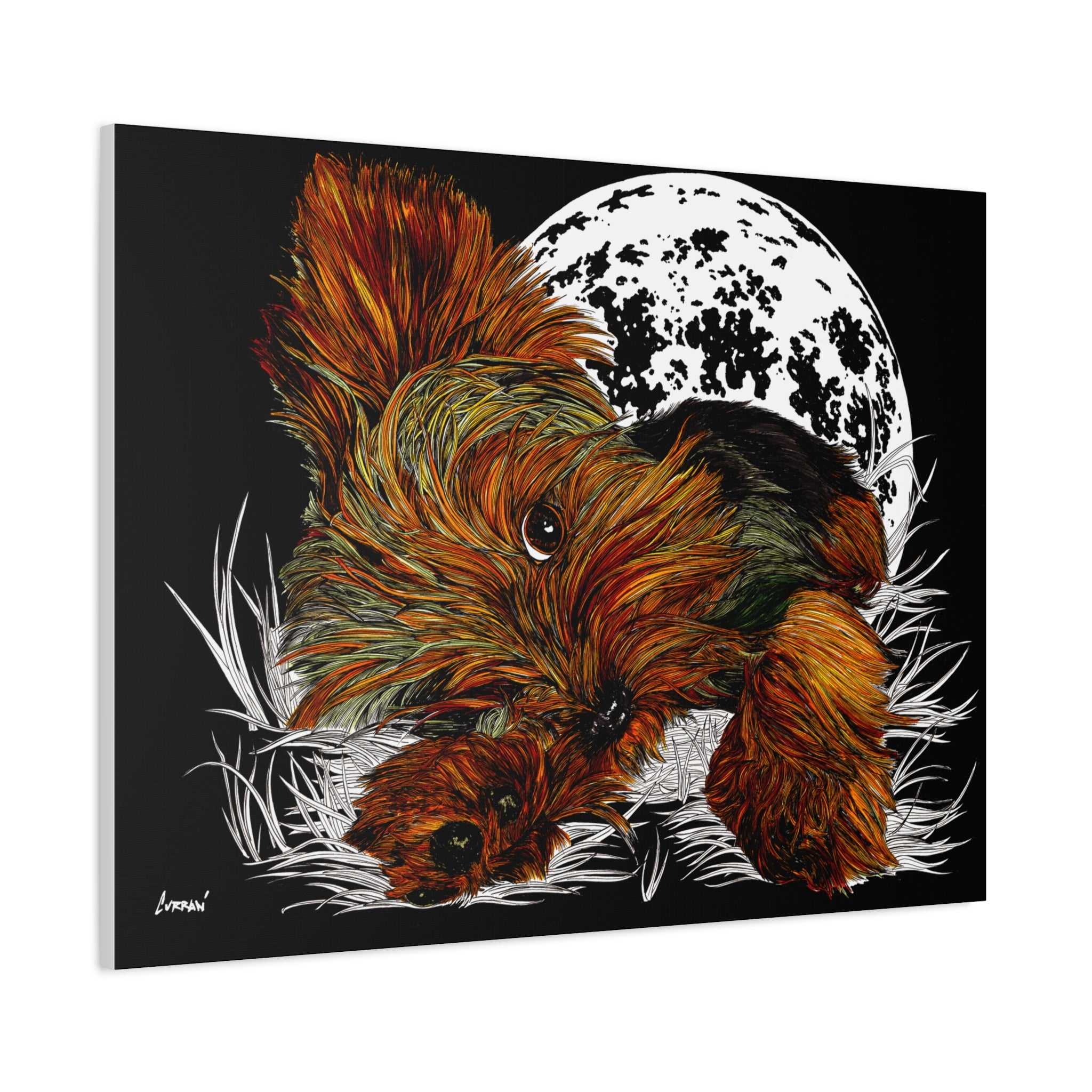 Bring a touch of charm to your walls with this adorable Yorkie Terrier Canvas Print - Cozy Yorkie with Moon Design. Perfect for dog lovers!