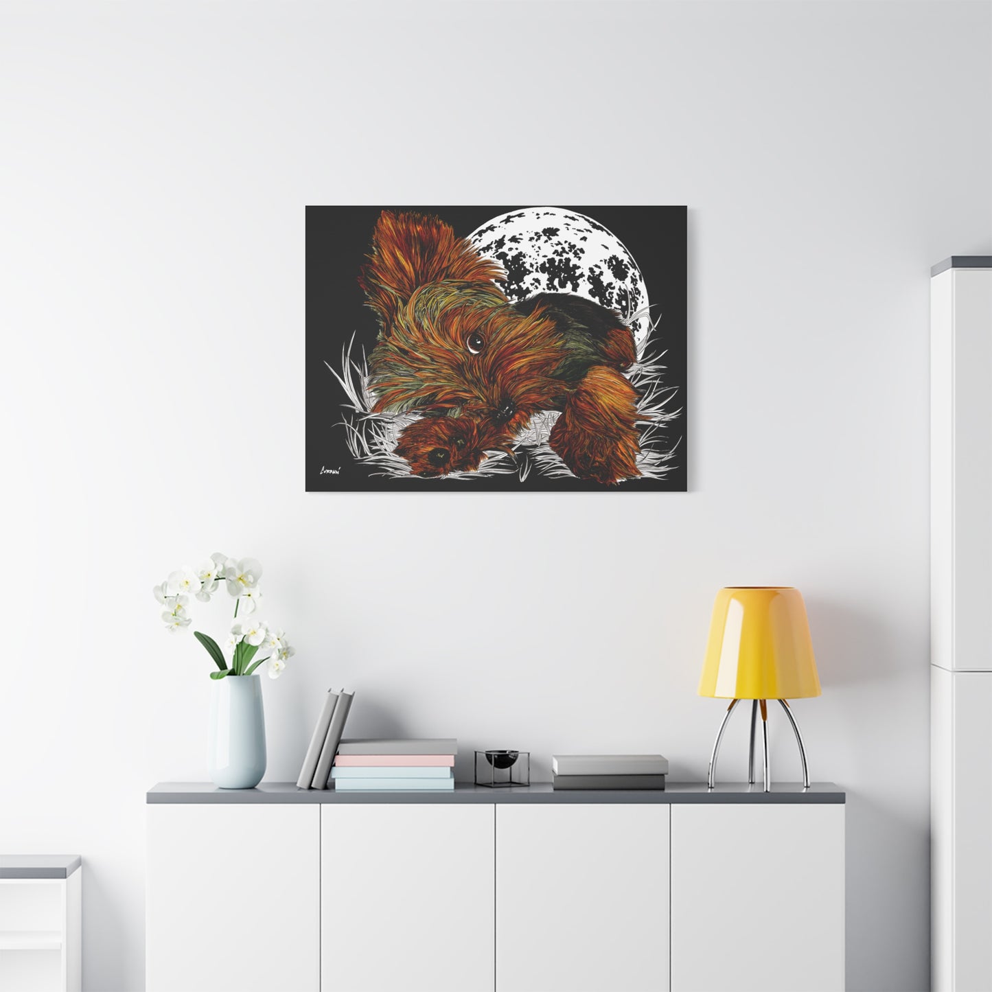 Yorkie Terrier Canvas Print - Cozy Yorkie with Moon Design