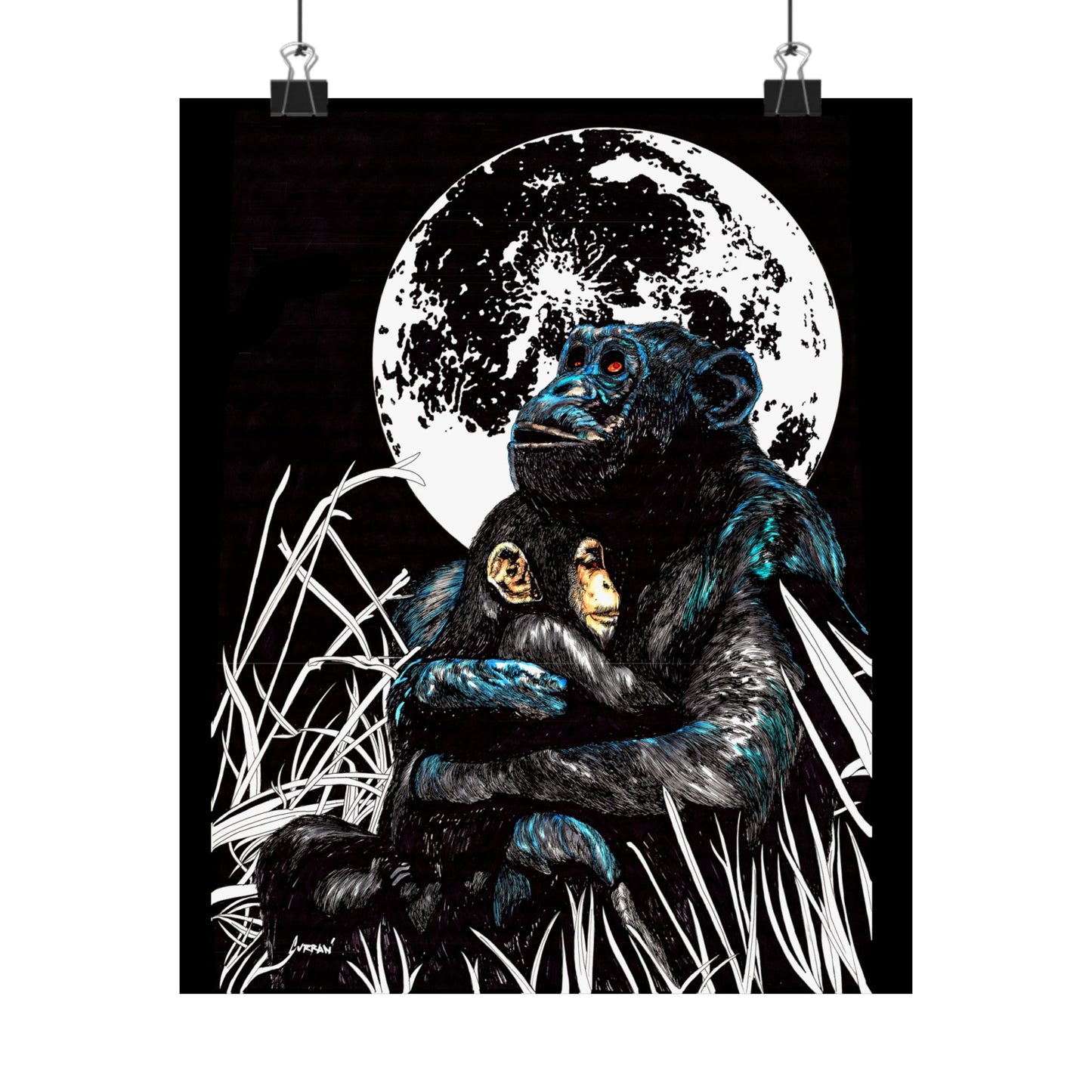 Satin Poster - Moonlit Chimpanzee Embrace Art Print
