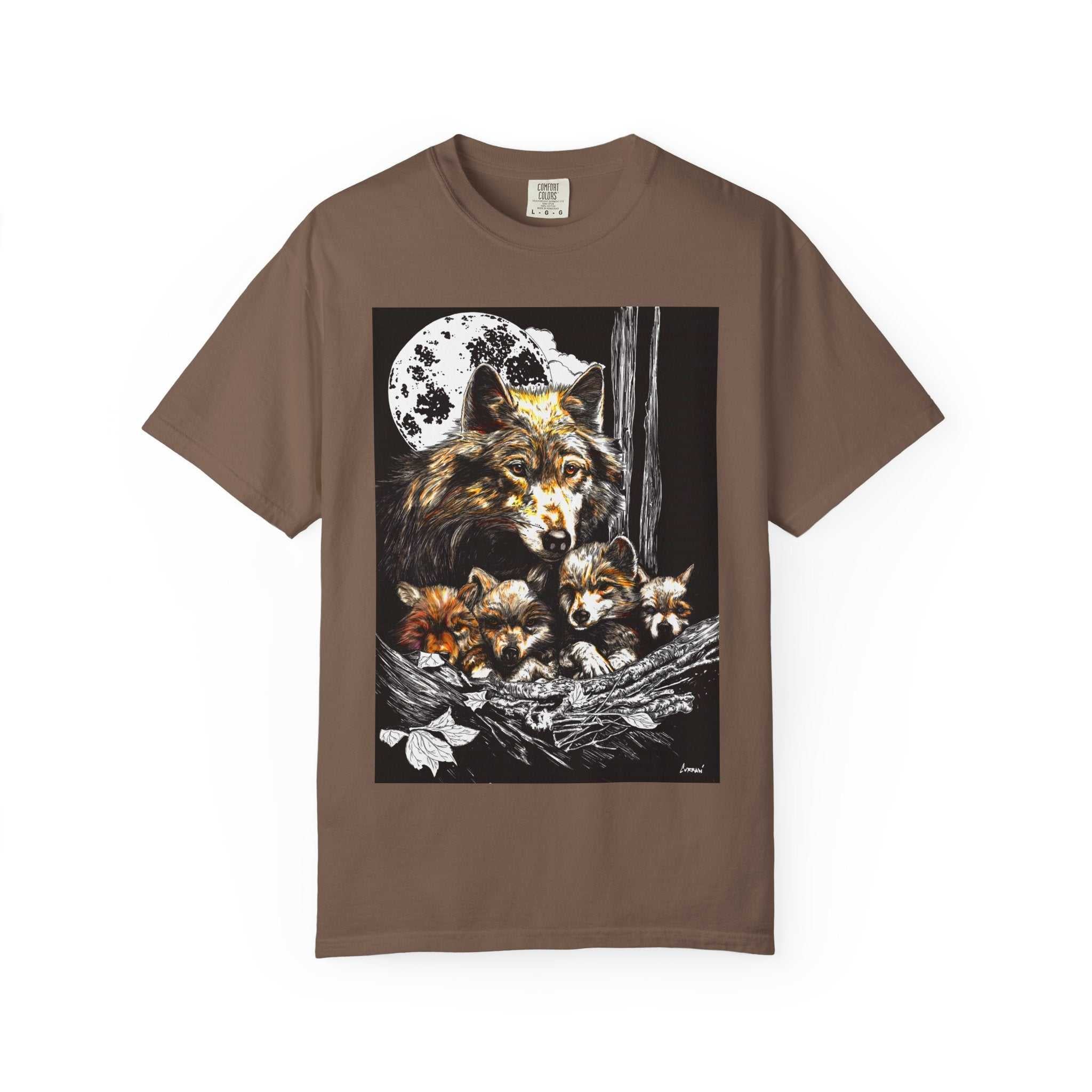 Experience nature inspired art with our exclusive Wolf Family Garment-Dyed T-Shirt - Nature Inspired Art. Stand out in style and connect with wildlife.