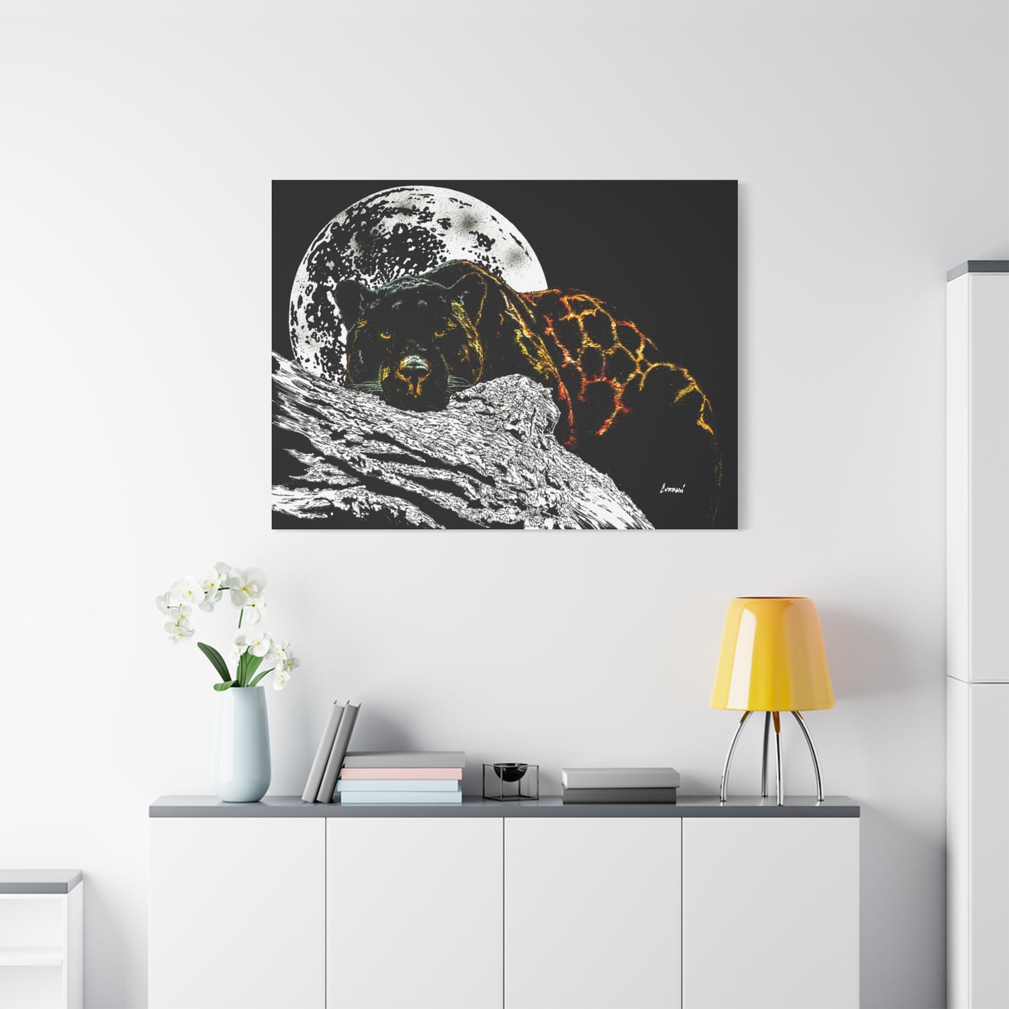 Panther in the Moonlight Print of my Original hand drawn art printed on stretched canvas of a Panther in the Moonlight