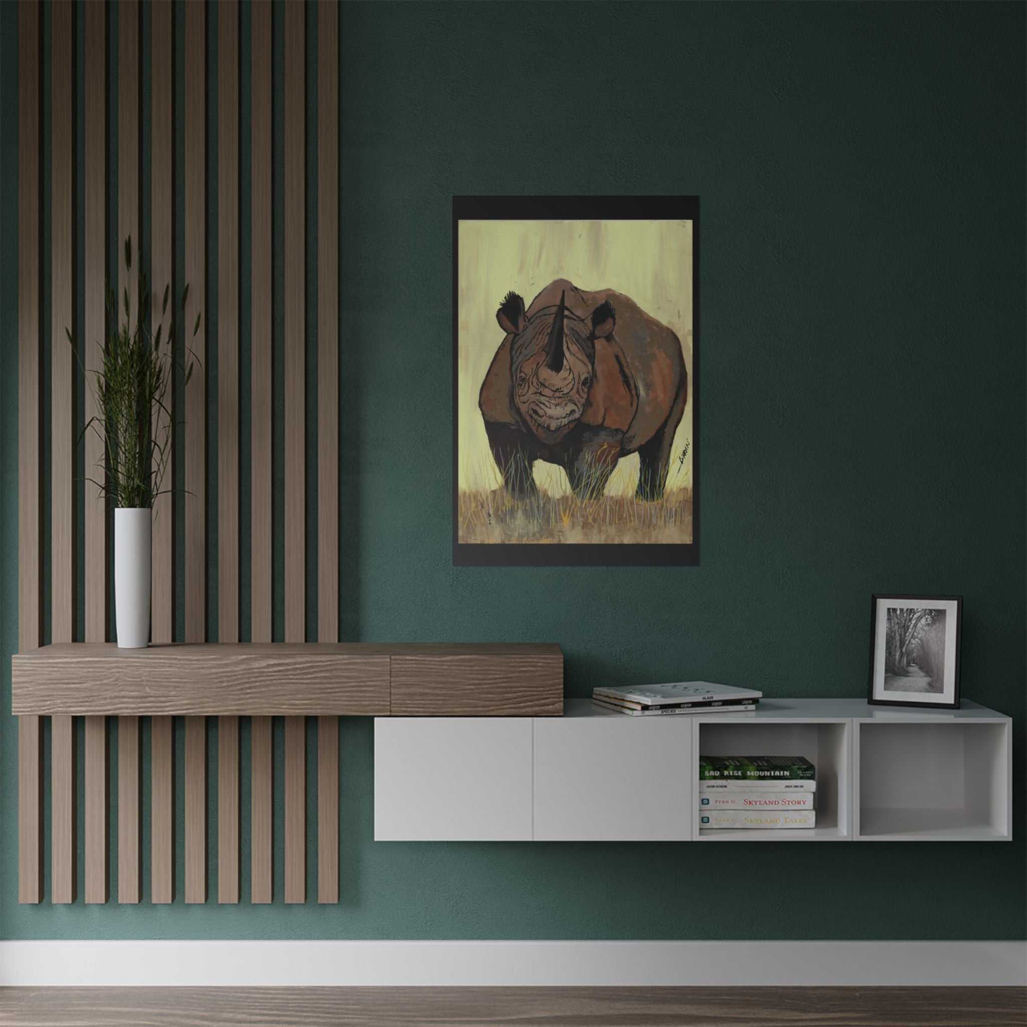 Discover the beauty of Rhino Wildlife Satin Poster - Majestic Rhino Art - Nature Decor - Majestic Rhino Art. Bring the wild into your home today!