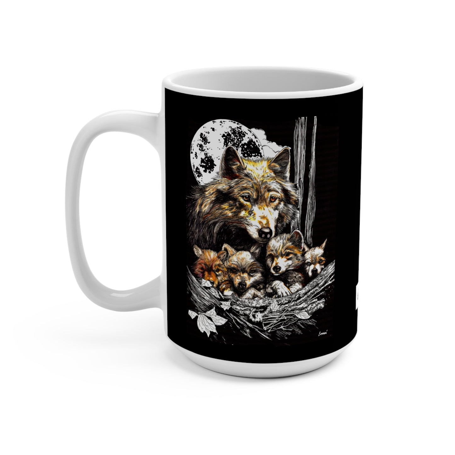 Wildlife Wolf Family Mug - 15oz Moonlit Design for Nature Lovers