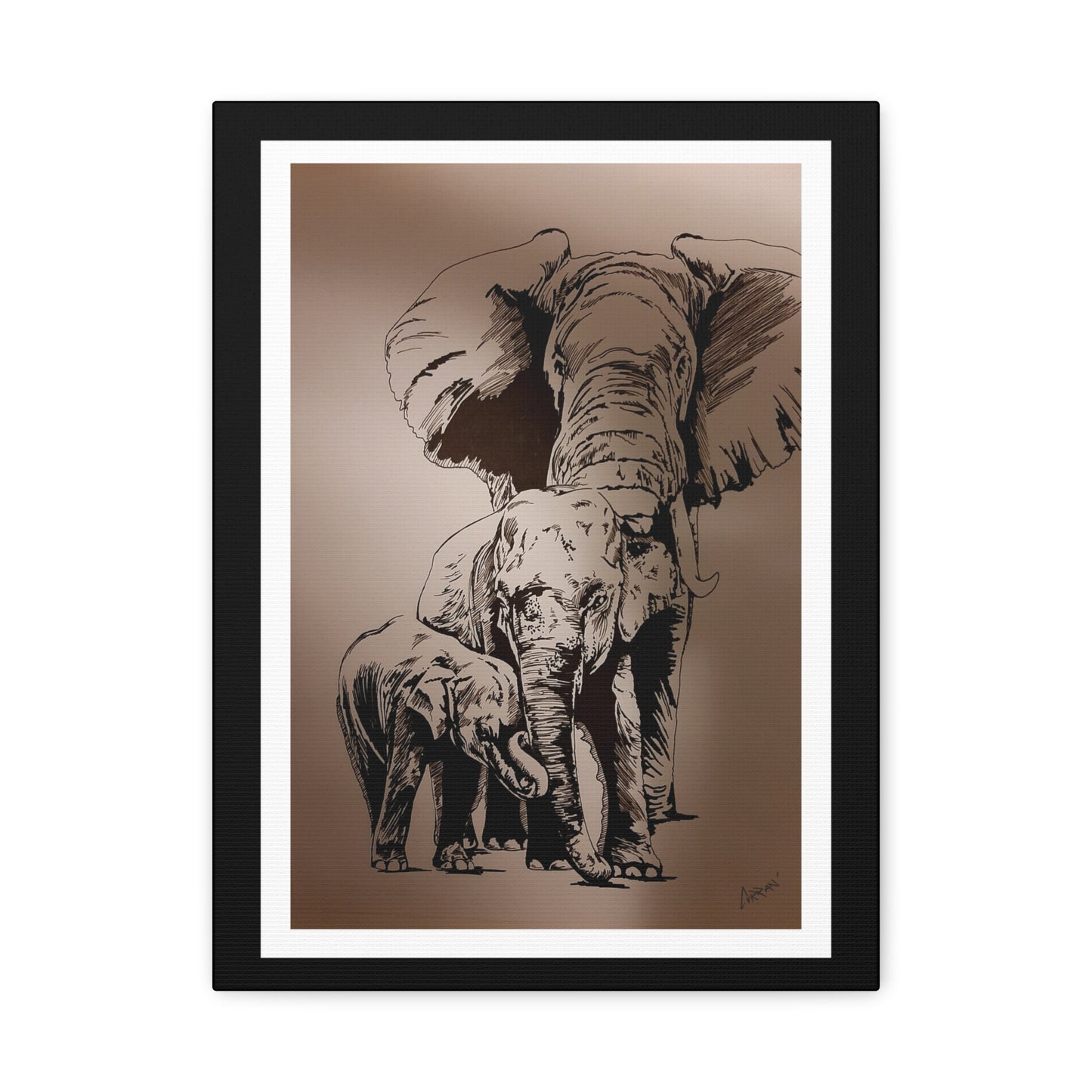 Title: Elephant Family Wall Art, Elephant Print, Wildlife Art, Hand-Drawn Elephant, Safari Wall Decor, Animal Lover Gift, Nature Art. Printed on Matte Canvas, Stretched, 1.25"