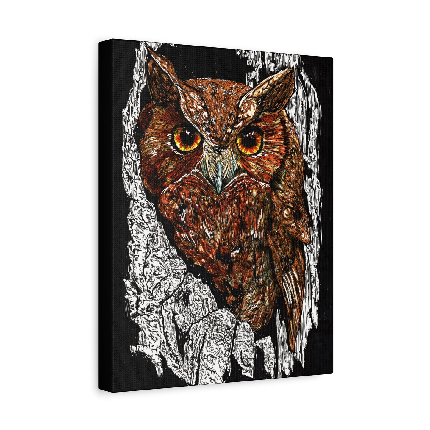 Owls in a Tree Wall Art Canvas Print of the Original, hand drawn wall art of an Owls in a Tree