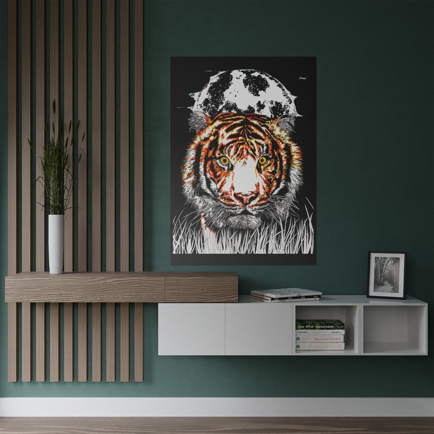 Majestic Tiger Satin Poster - 300gsm Art Print with Moon Design