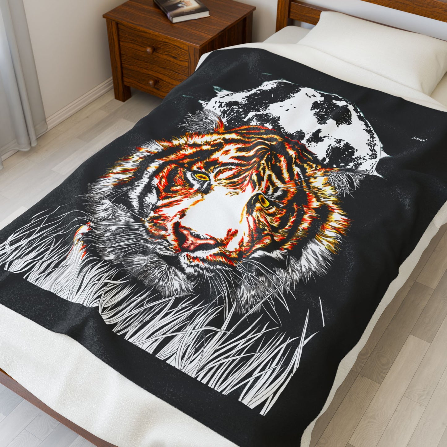 Majestic tiger artwork blanket featuring vibrant colors and a striking design on plush fabric.