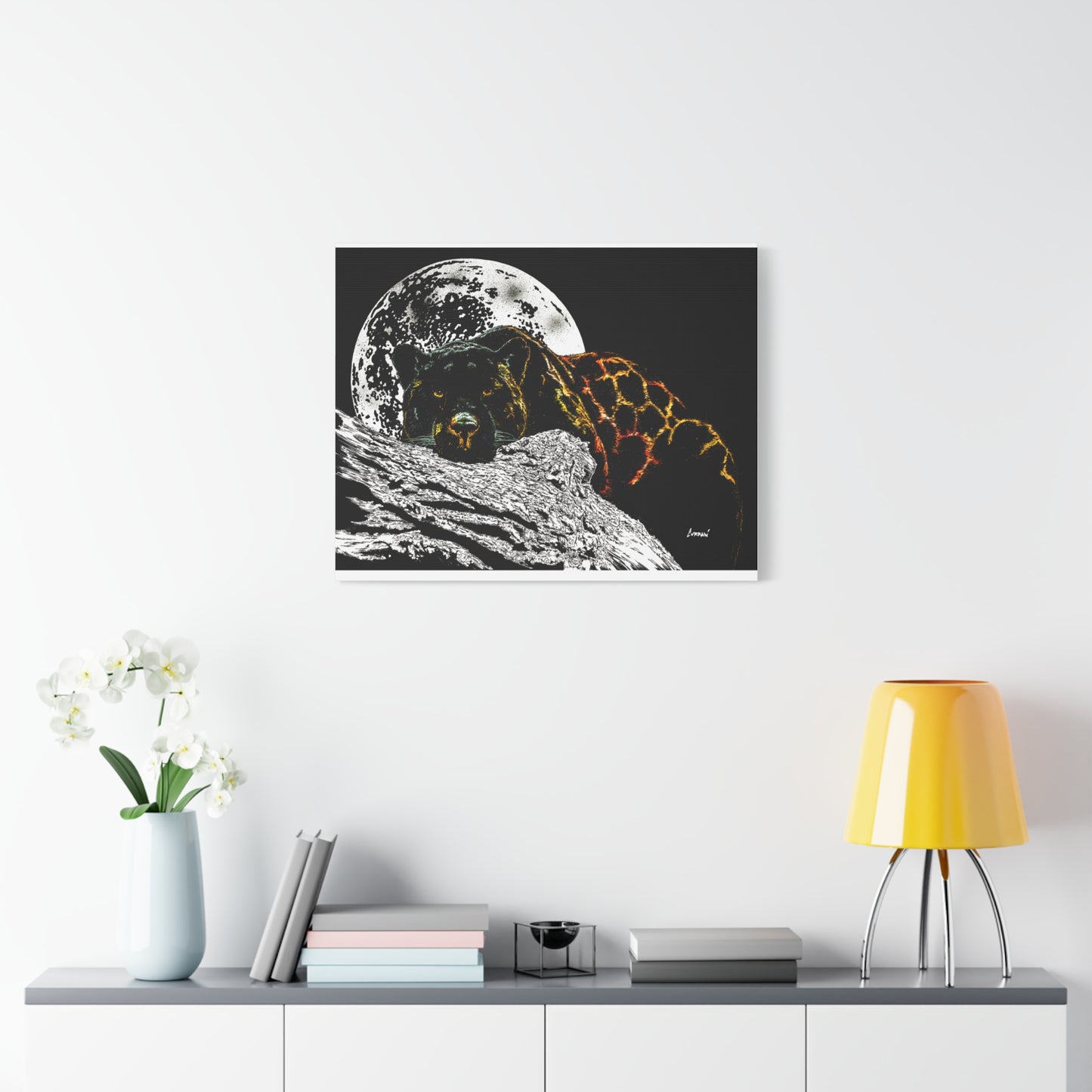 Panther in the Moonlight Print of my Original hand drawn art printed on stretched canvas of a Panther in the Moonlight