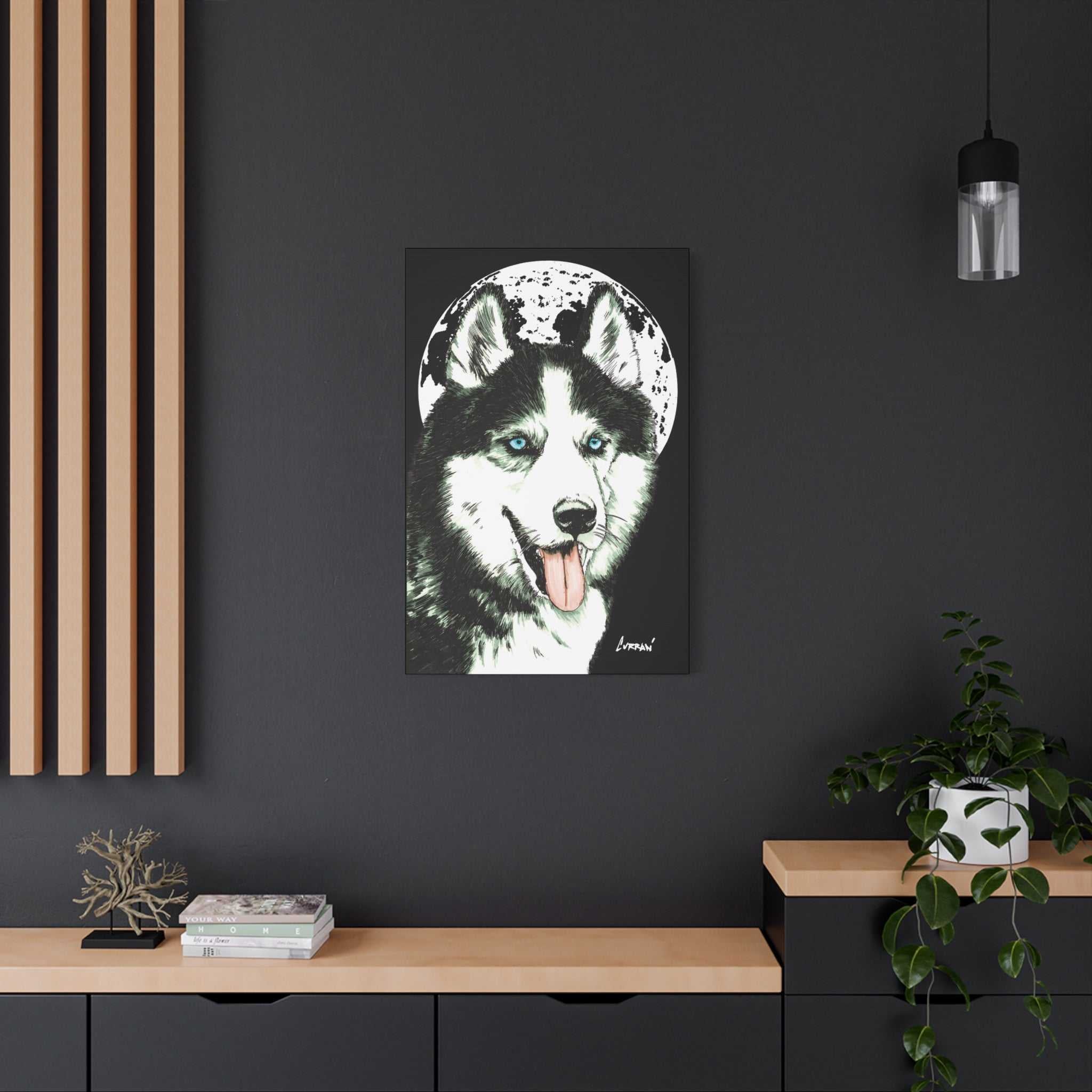 Transform your space with Siberian Husky Canvas Wall Art - Moonlit Dog Decor. Add a touch of mystery and beauty to your walls today!