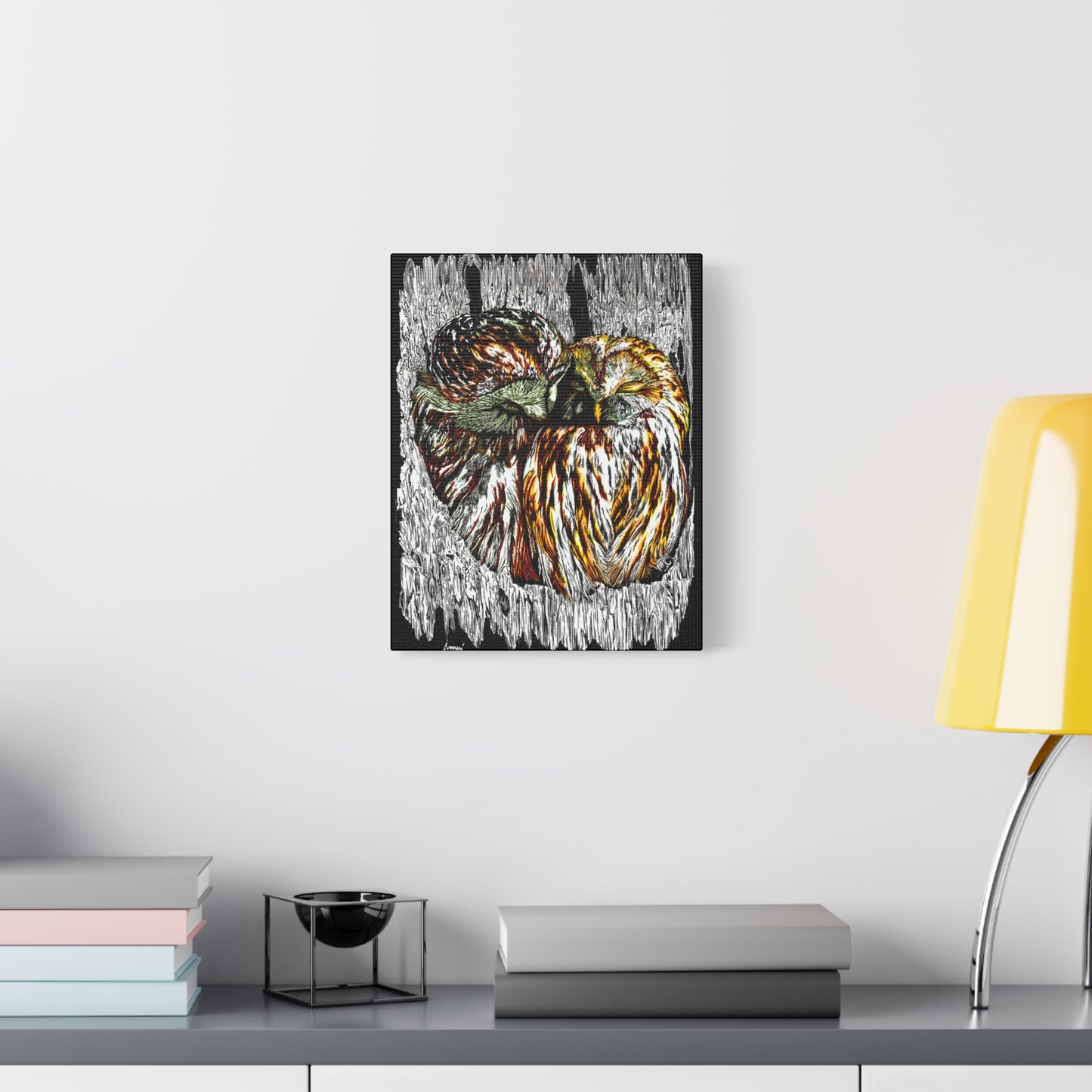 Owl Wall Art, Owl Print, Hand-Drawn Owls, Wildlife Art, Birds in Tree, Nature Wall Decor, Owl Lovers Gift, Woodland Art. Printed on Matte Canvas, Stretched, 1.25"