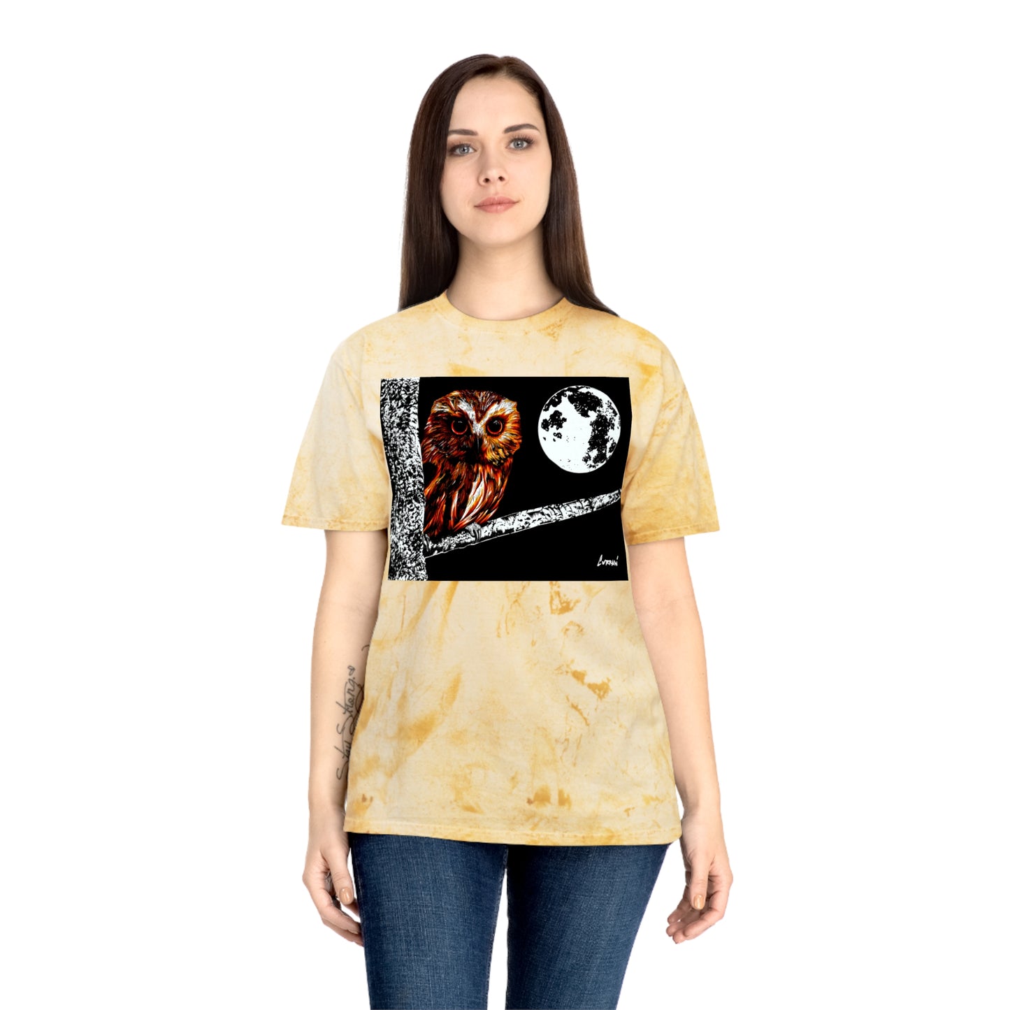 Owl on a Branch Color Blast T Shirt Original Hand Drawn Art