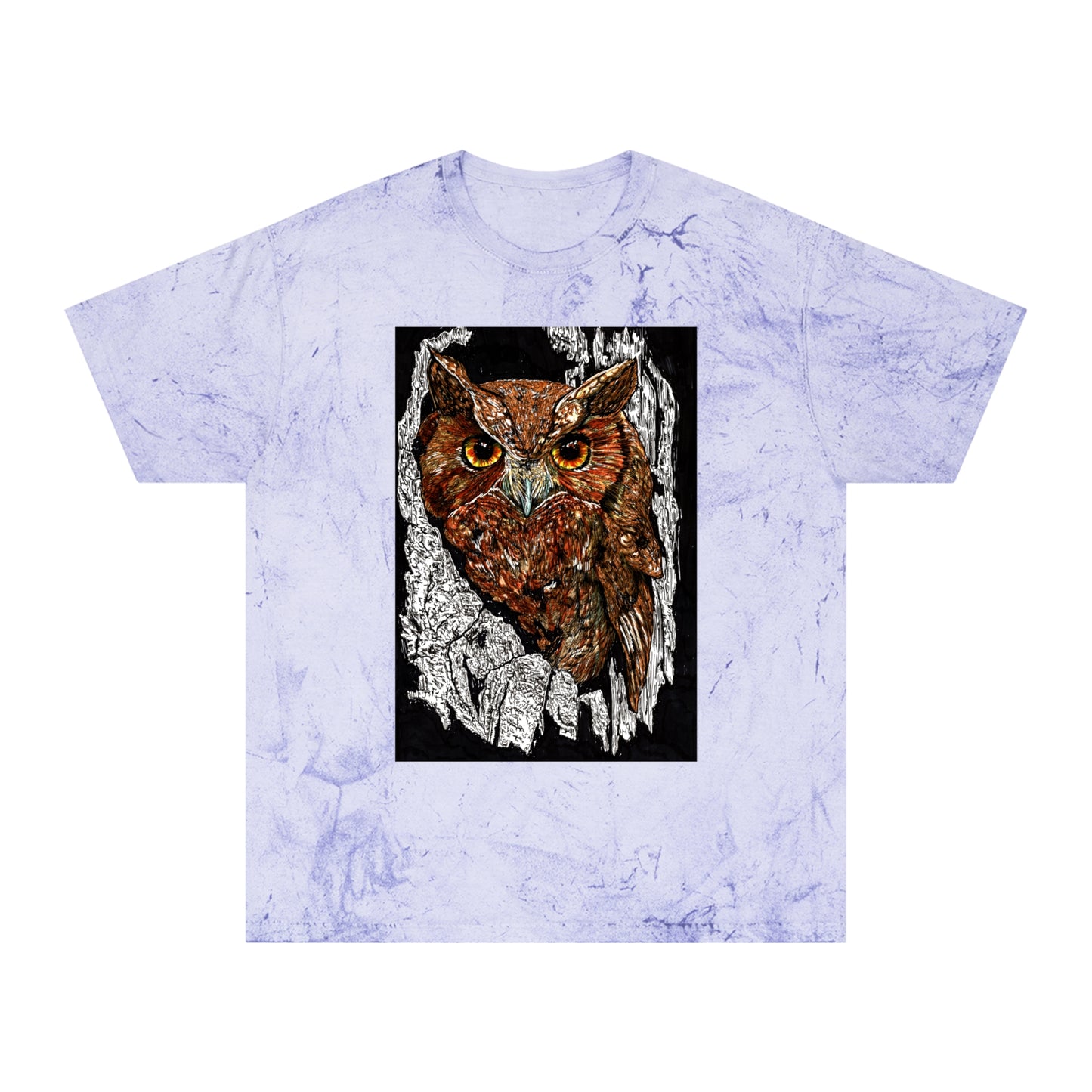 Owl in a Tree Color Blast T Shirt Original Hand Drawn Art