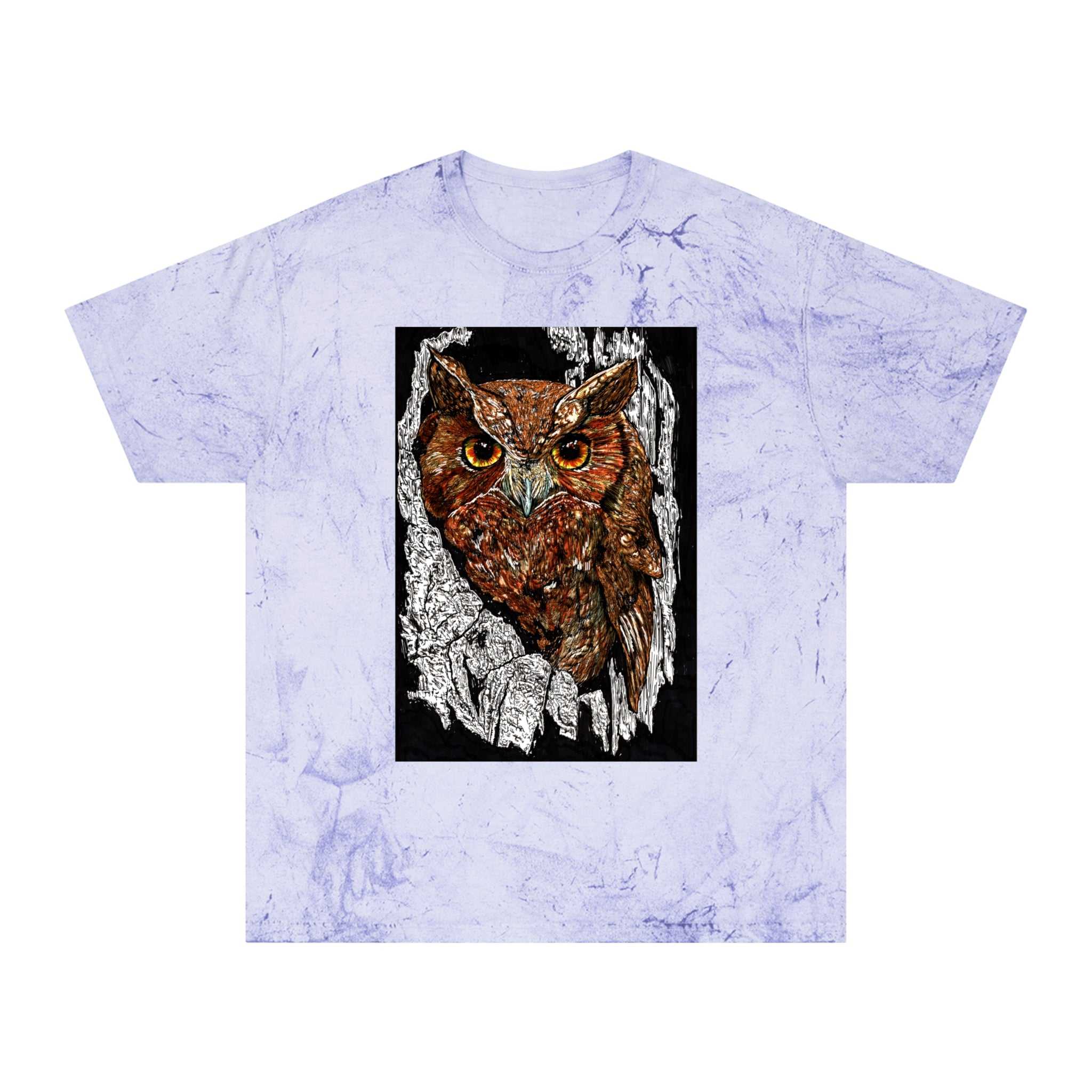 Owl in a Tree Color Blast T Shirt Original Hand Drawn Art