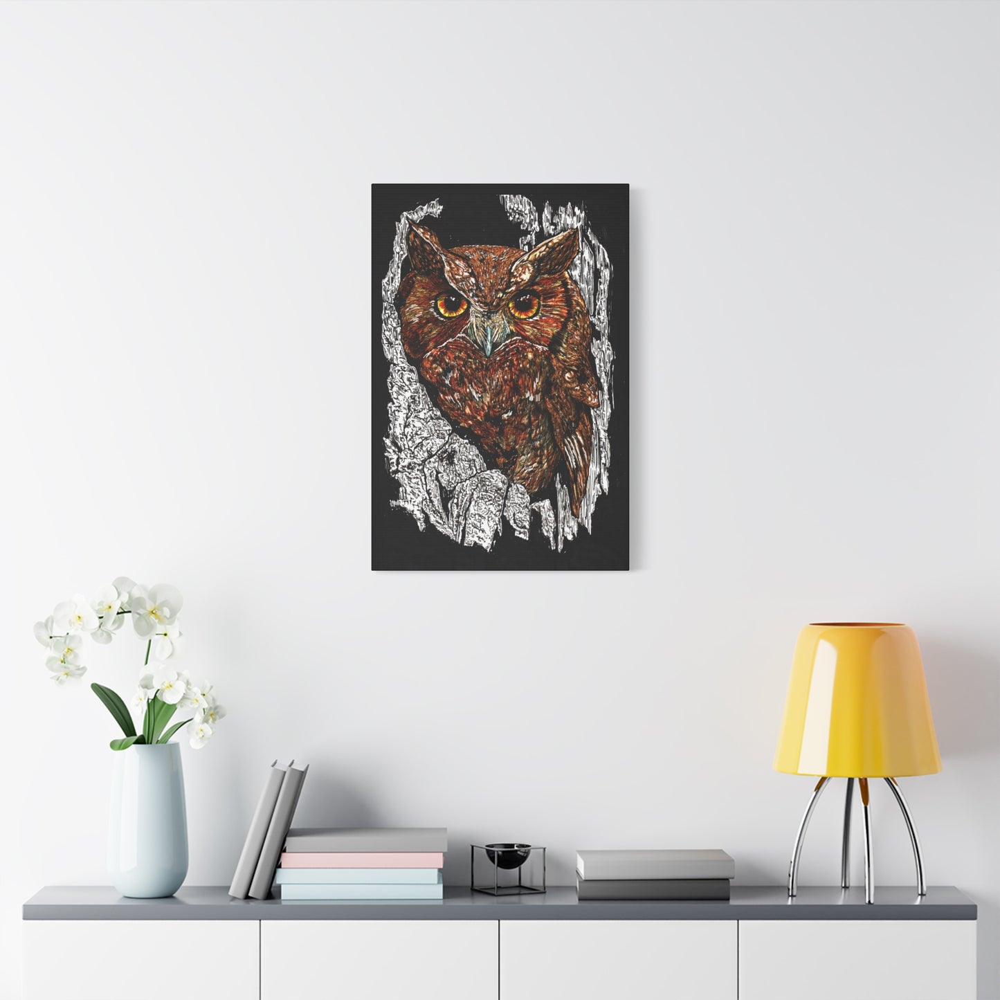 Owls in a Tree Wall Art Canvas Print of the Original, hand drawn wall art of an Owls in a Tree