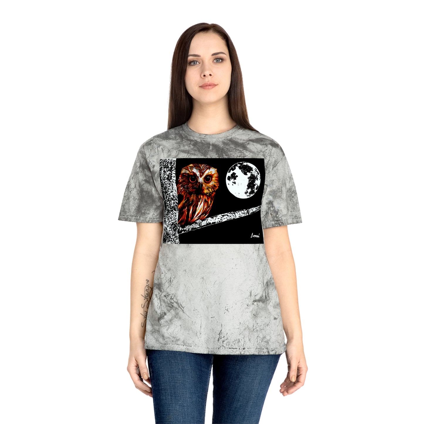 Owl on a Branch Color Blast T Shirt Original Hand Drawn Art