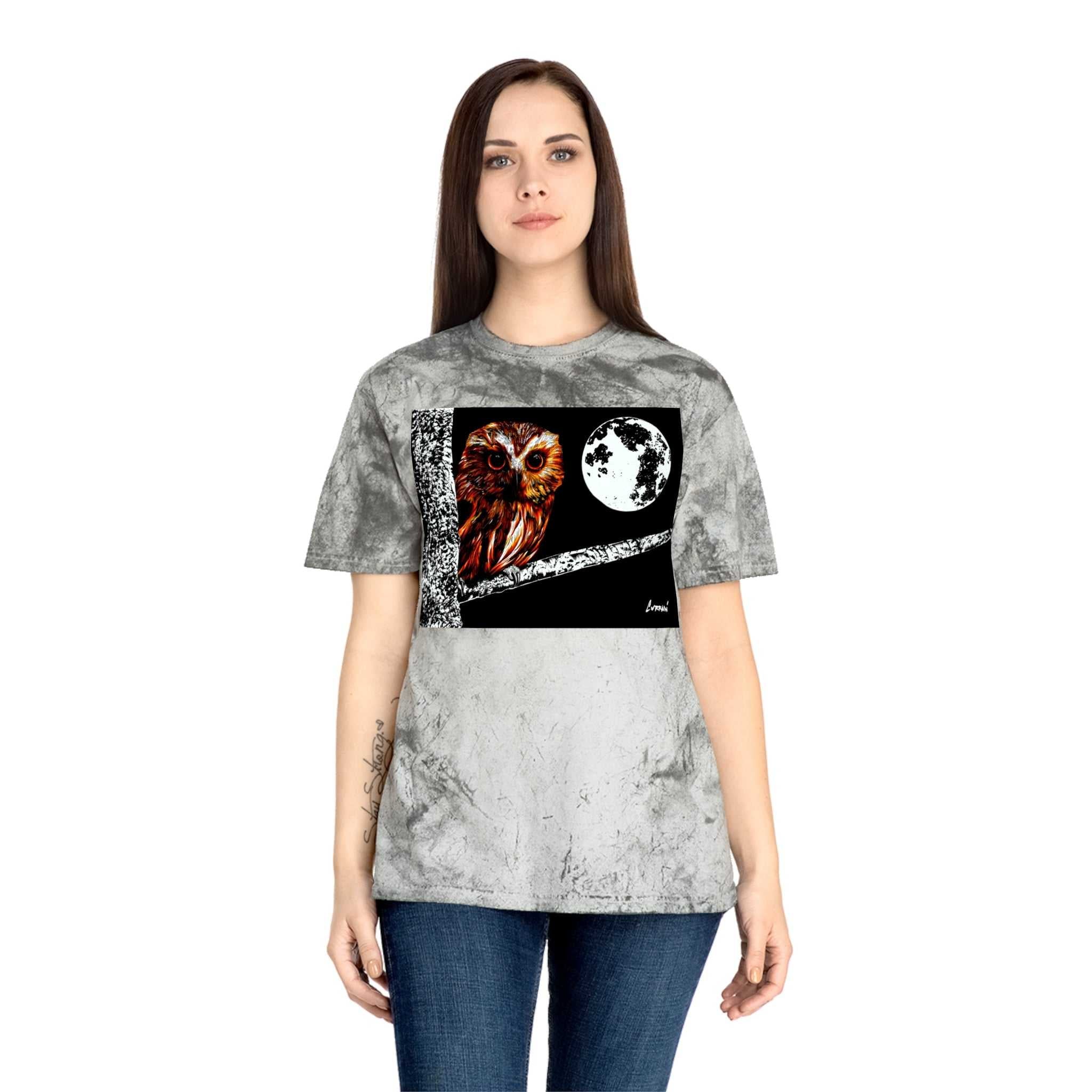 Owl on a Branch Color Blast T Shirt Original Hand Drawn Art