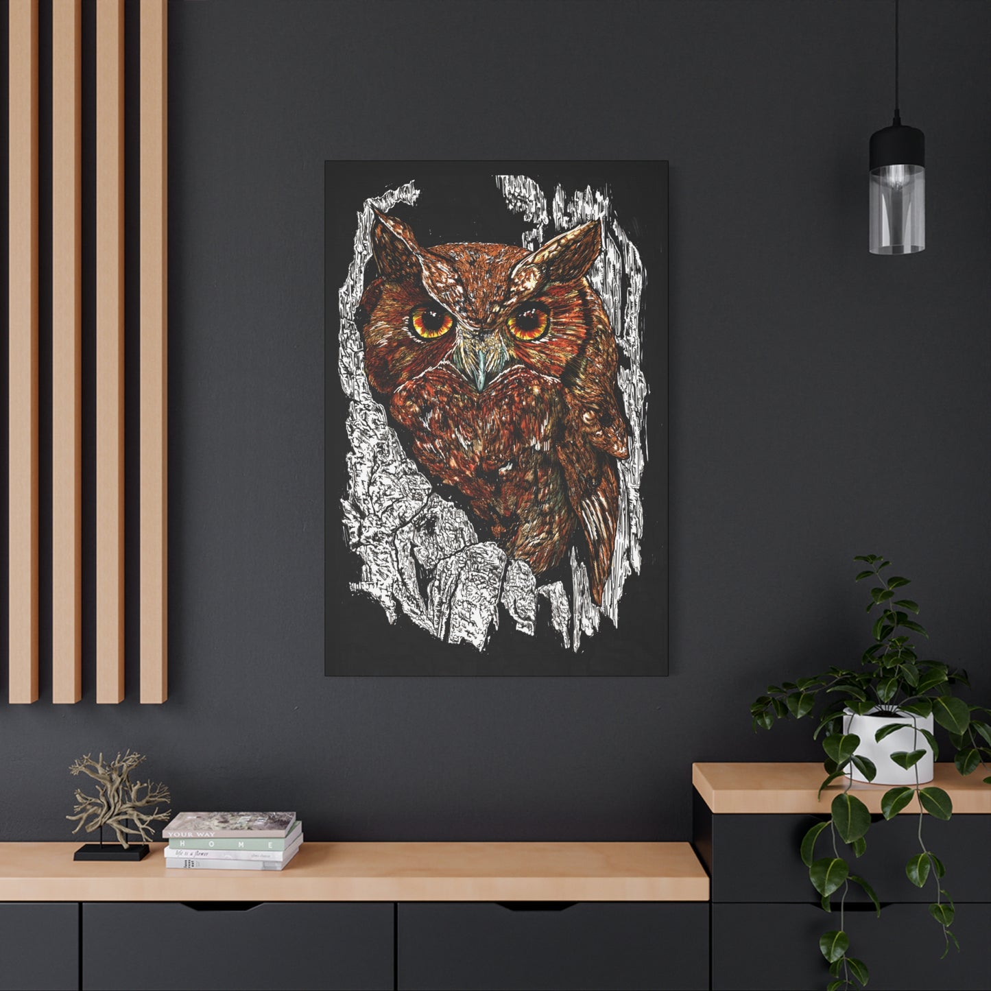 Owls in a Tree Wall Art Canvas Print of the Original, hand drawn wall art of an Owls in a Tree