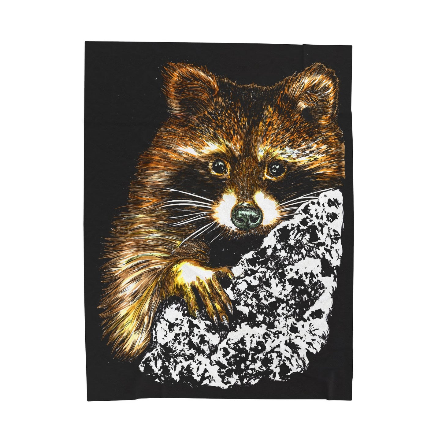 Artistic raccoon illustration on a black background, showcasing a cozy Velveteen Plush Blanket for animal lovers.