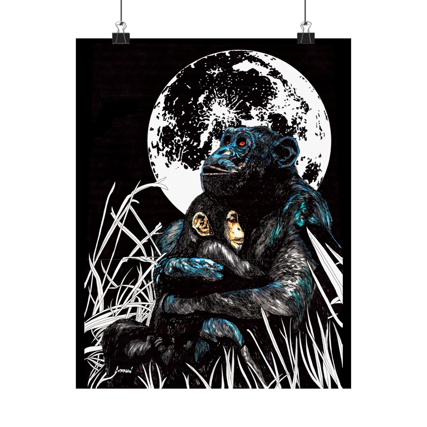 Satin Poster - Moonlit Chimpanzee Embrace Art Print